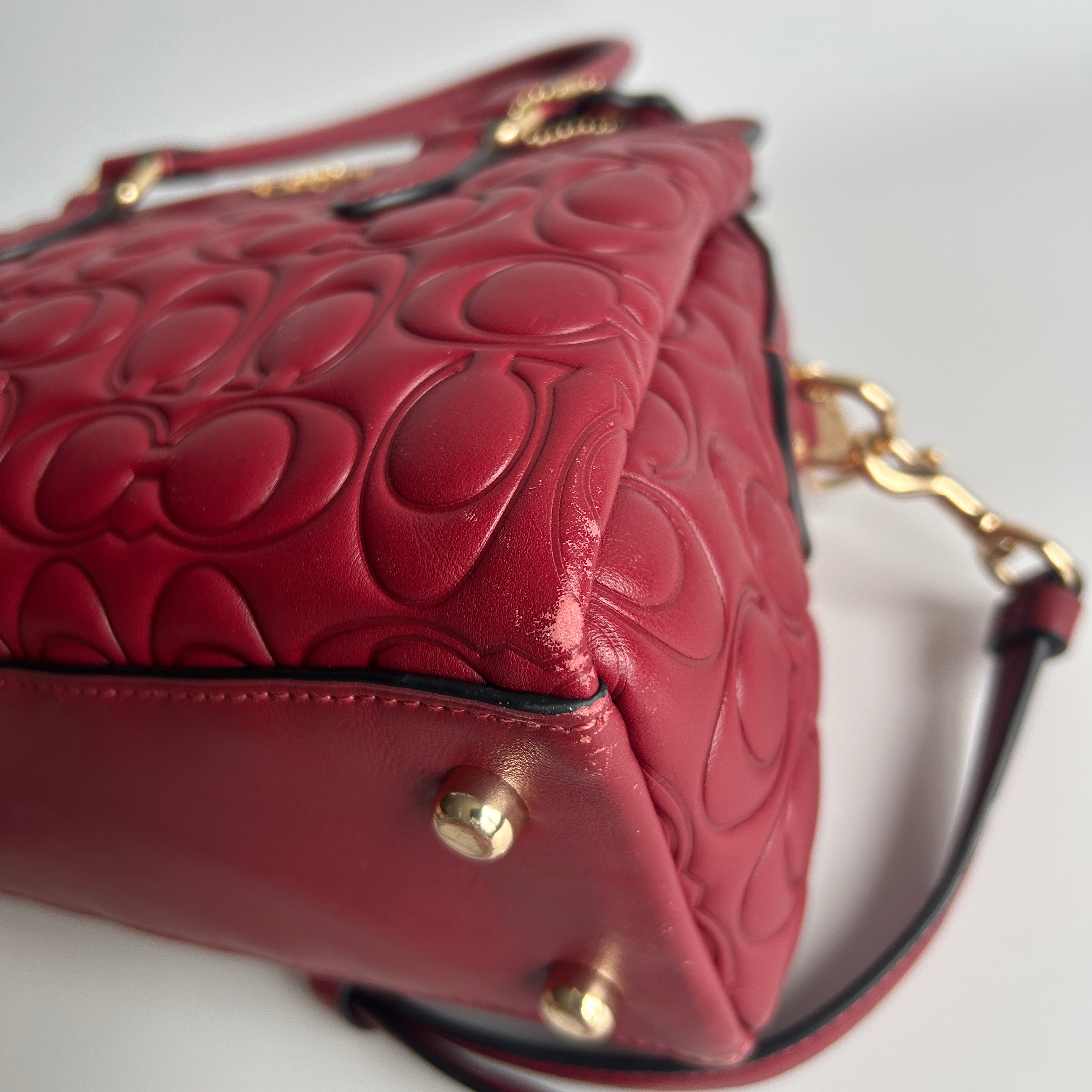 Coach Mini Darcie Carryall Red Signature Leather Satchel Bag GOOD