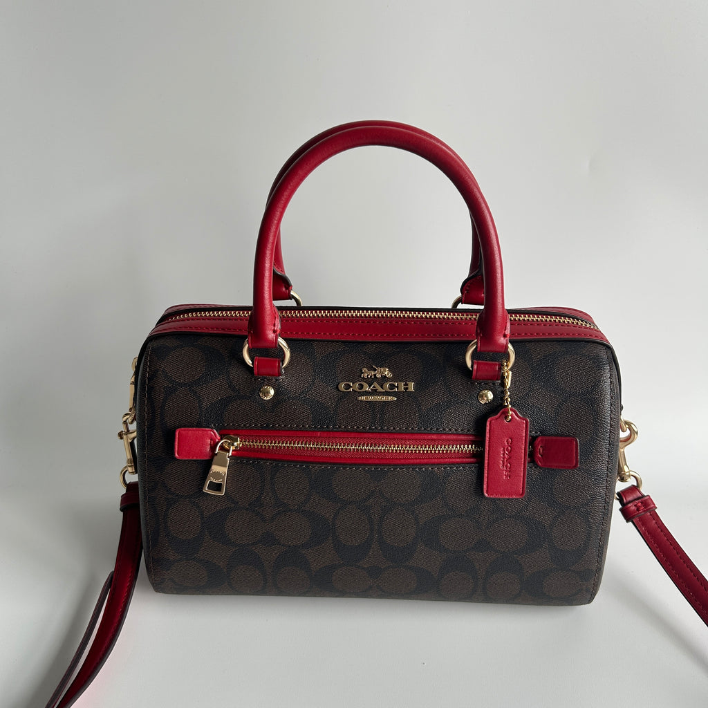 Coach Rowan Brown Red Signature Canvas Leather Satchel Excellent