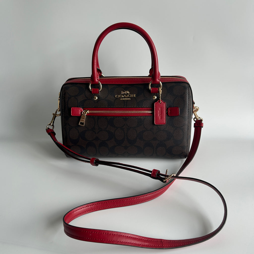 Coach Rowan Brown Red Signature Canvas Leather Satchel Excellent