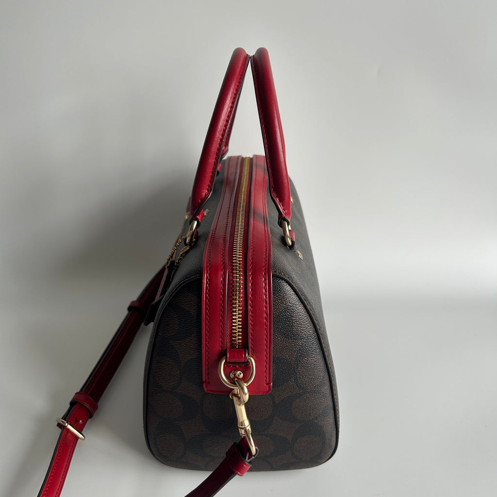 Coach Rowan Brown Red Signature Canvas Leather Satchel Excellent