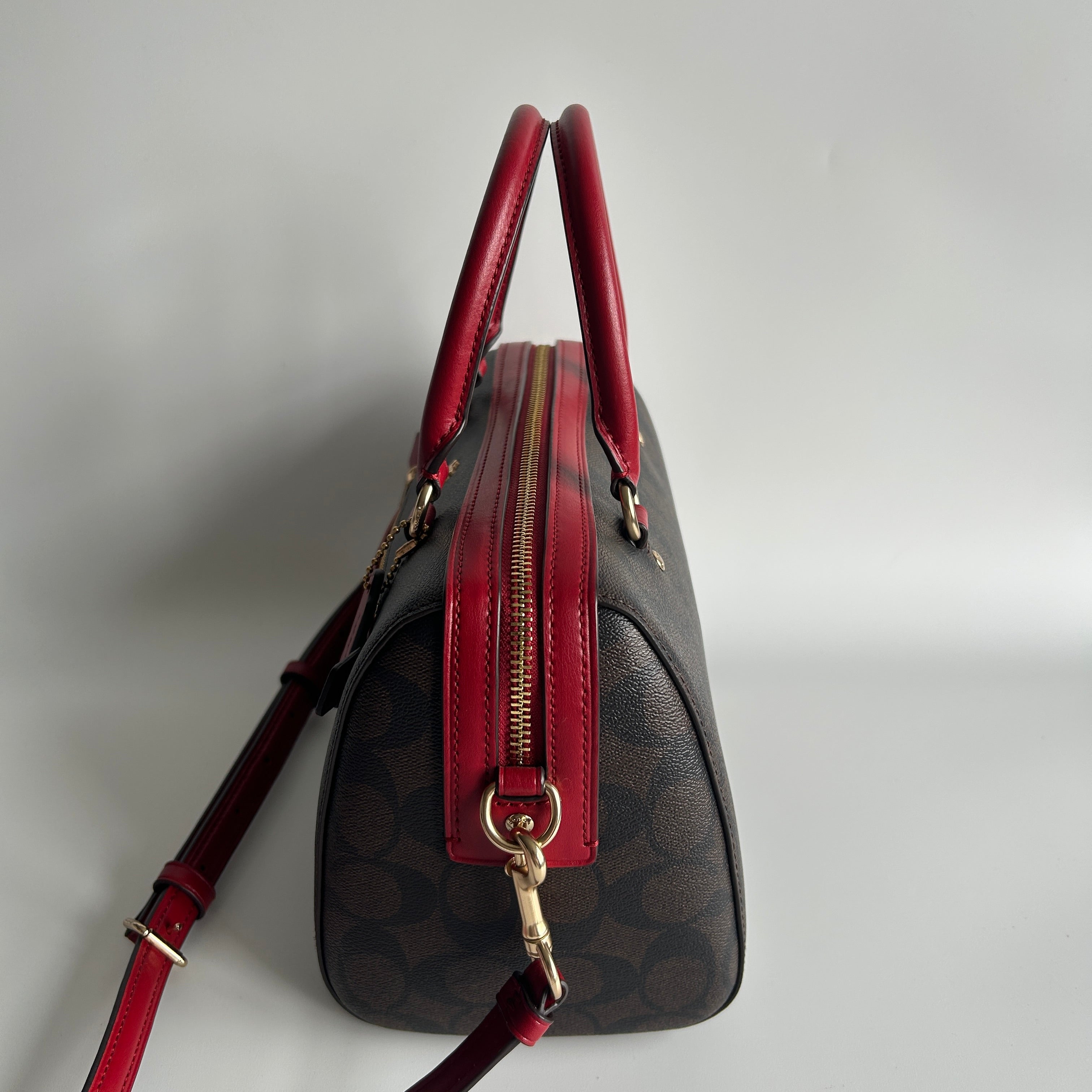 Coach Rowan Brown Red Signature Canvas Leather Satchel Excellent