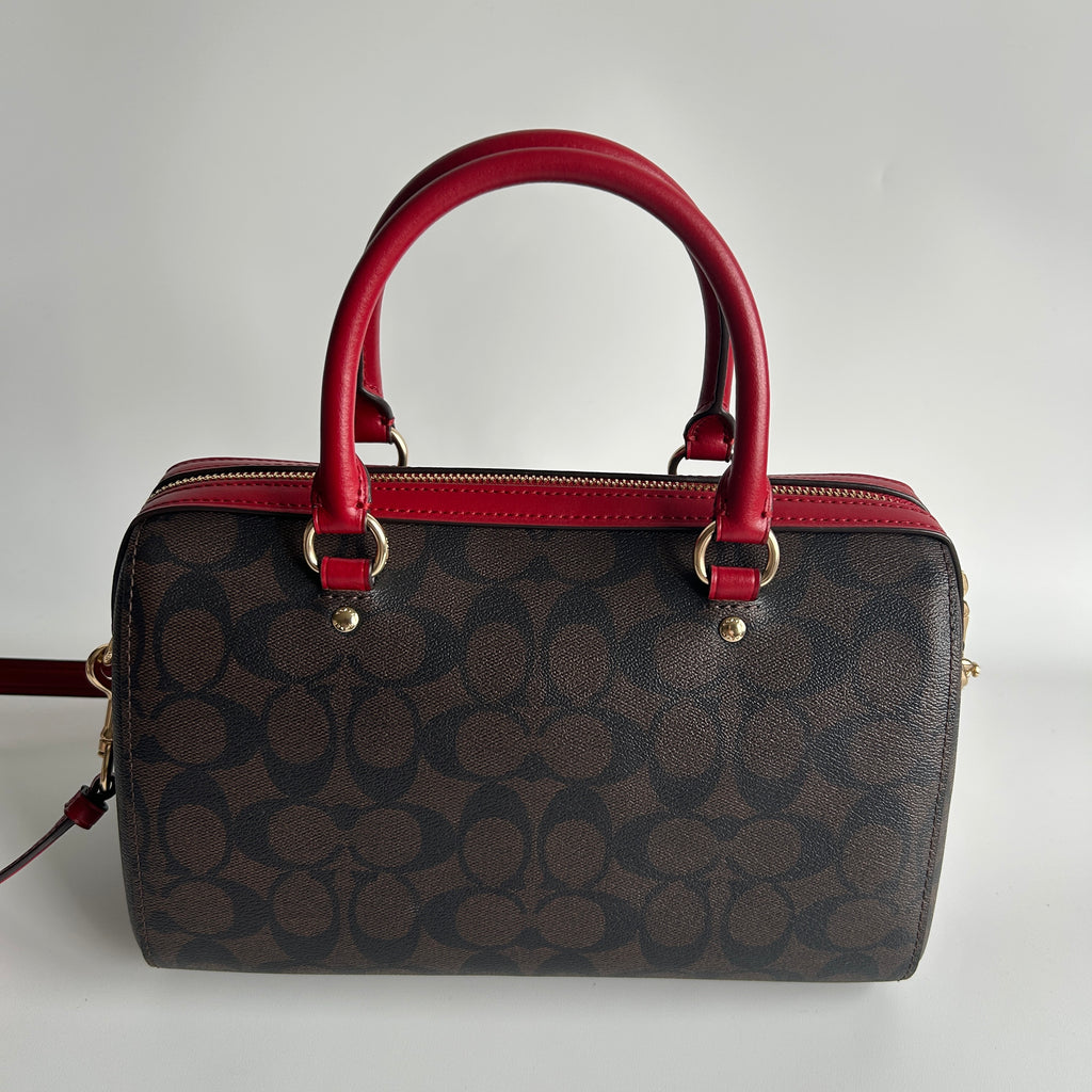 Coach Rowan Brown Red Signature Canvas Leather Satchel Excellent