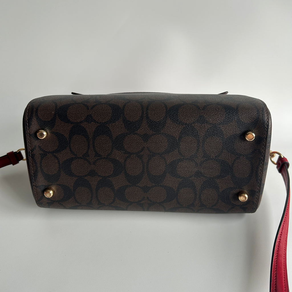 Coach Rowan Brown Red Signature Canvas Leather Satchel Excellent