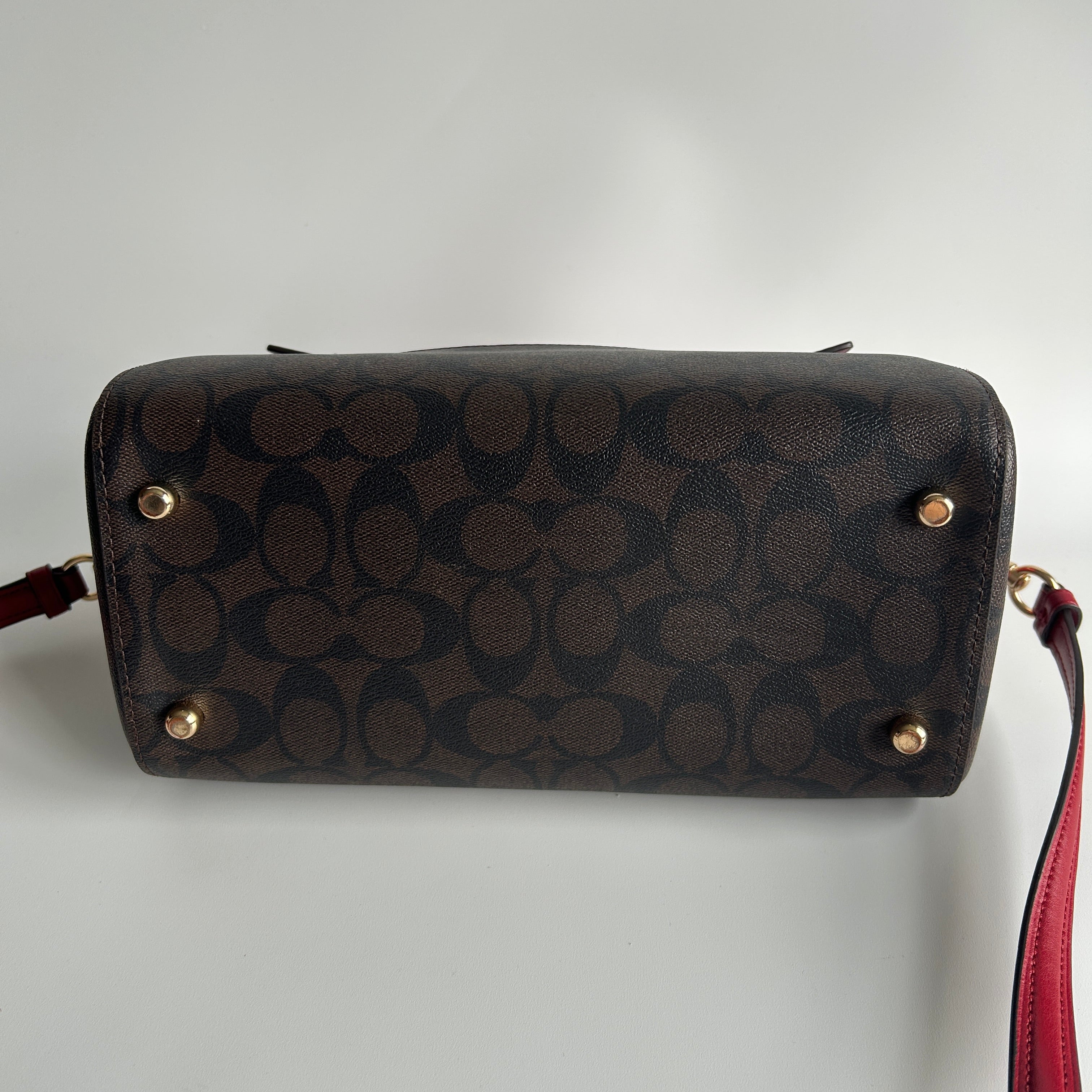 Coach Rowan Brown Red Signature Canvas Leather Satchel Excellent
