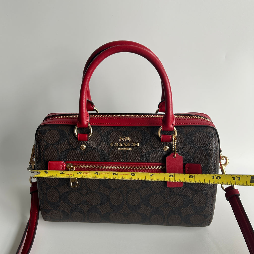 Coach Rowan Brown Red Signature Canvas Leather Satchel Excellent