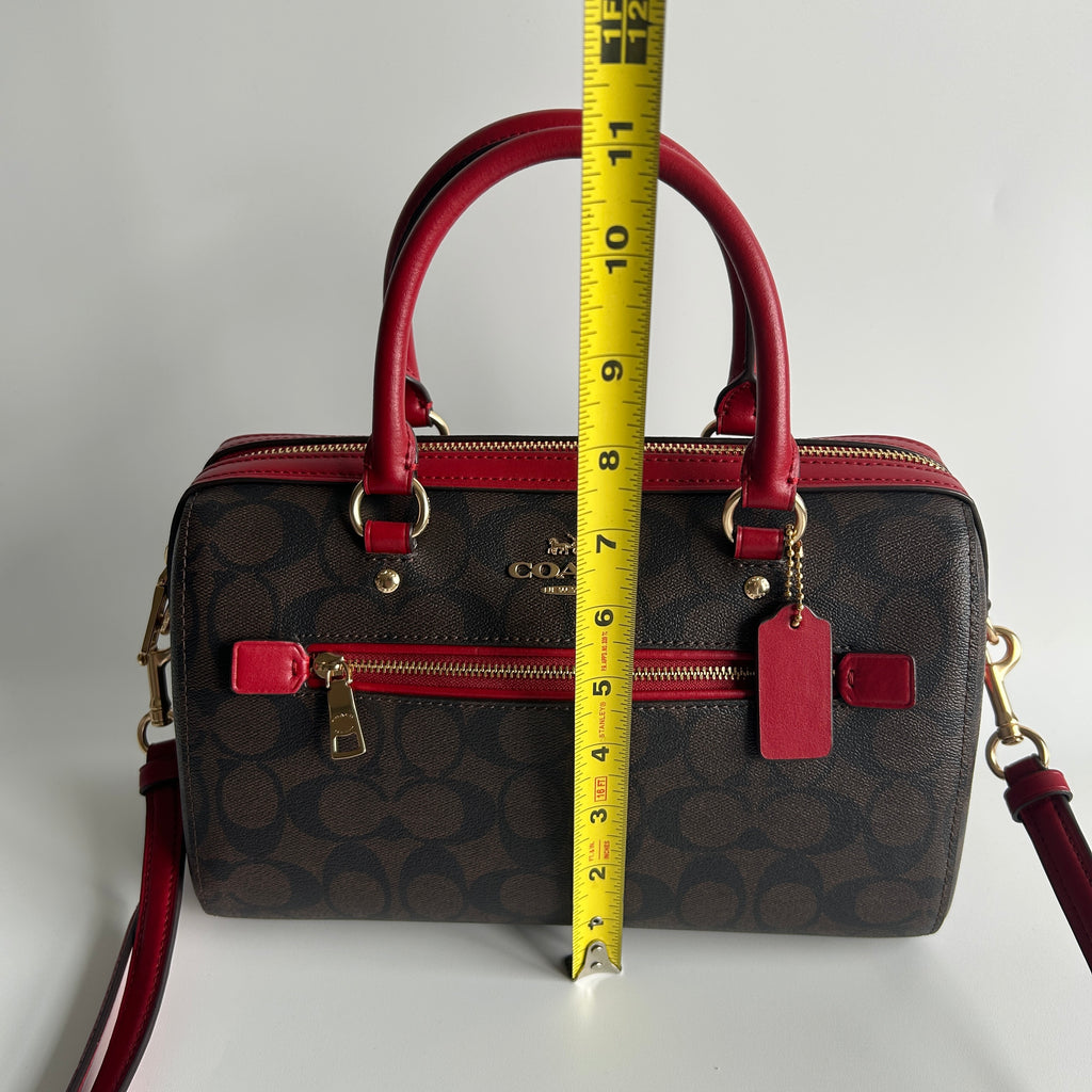 Coach Rowan Brown Red Signature Canvas Leather Satchel Excellent