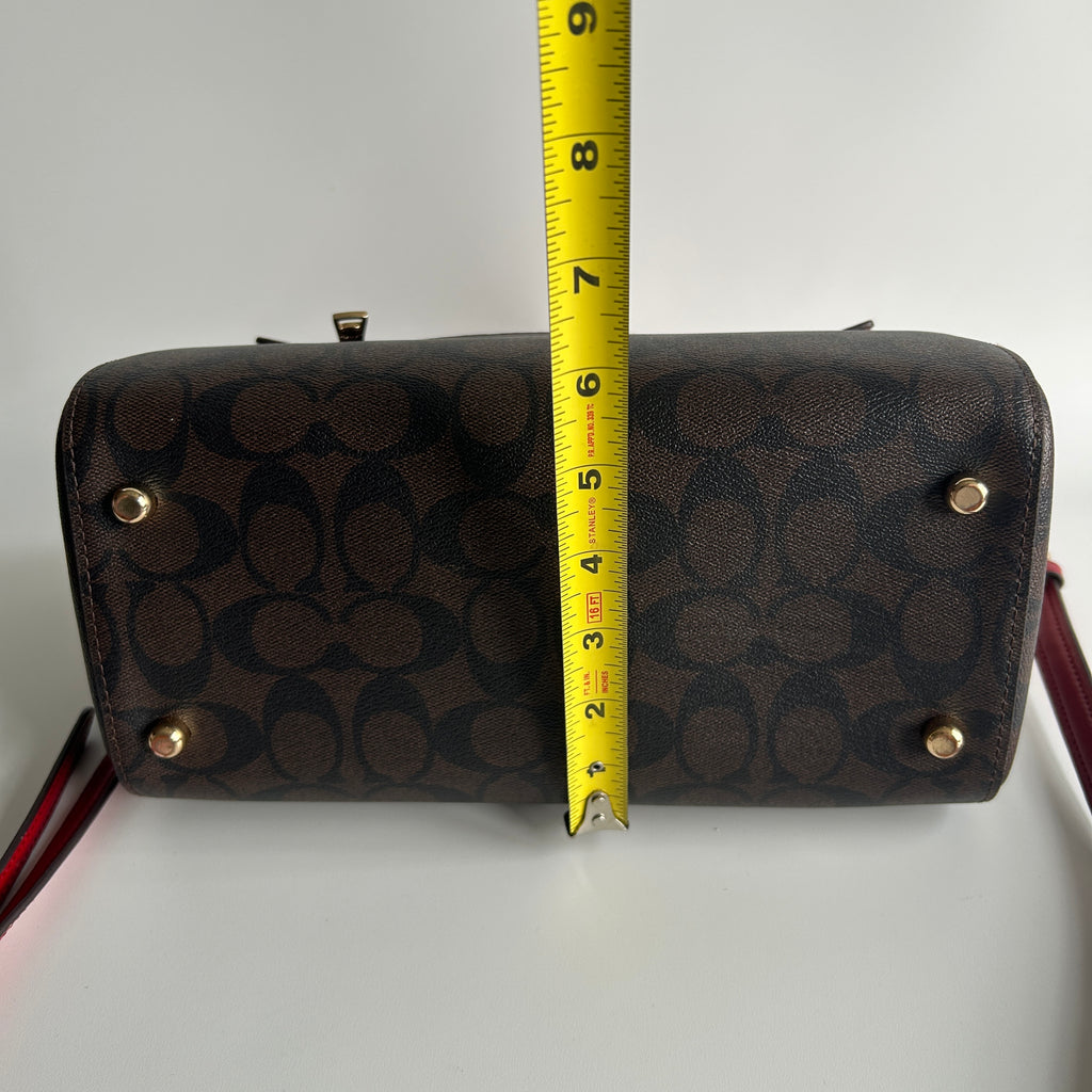 Coach Rowan Brown Red Signature Canvas Leather Satchel Excellent