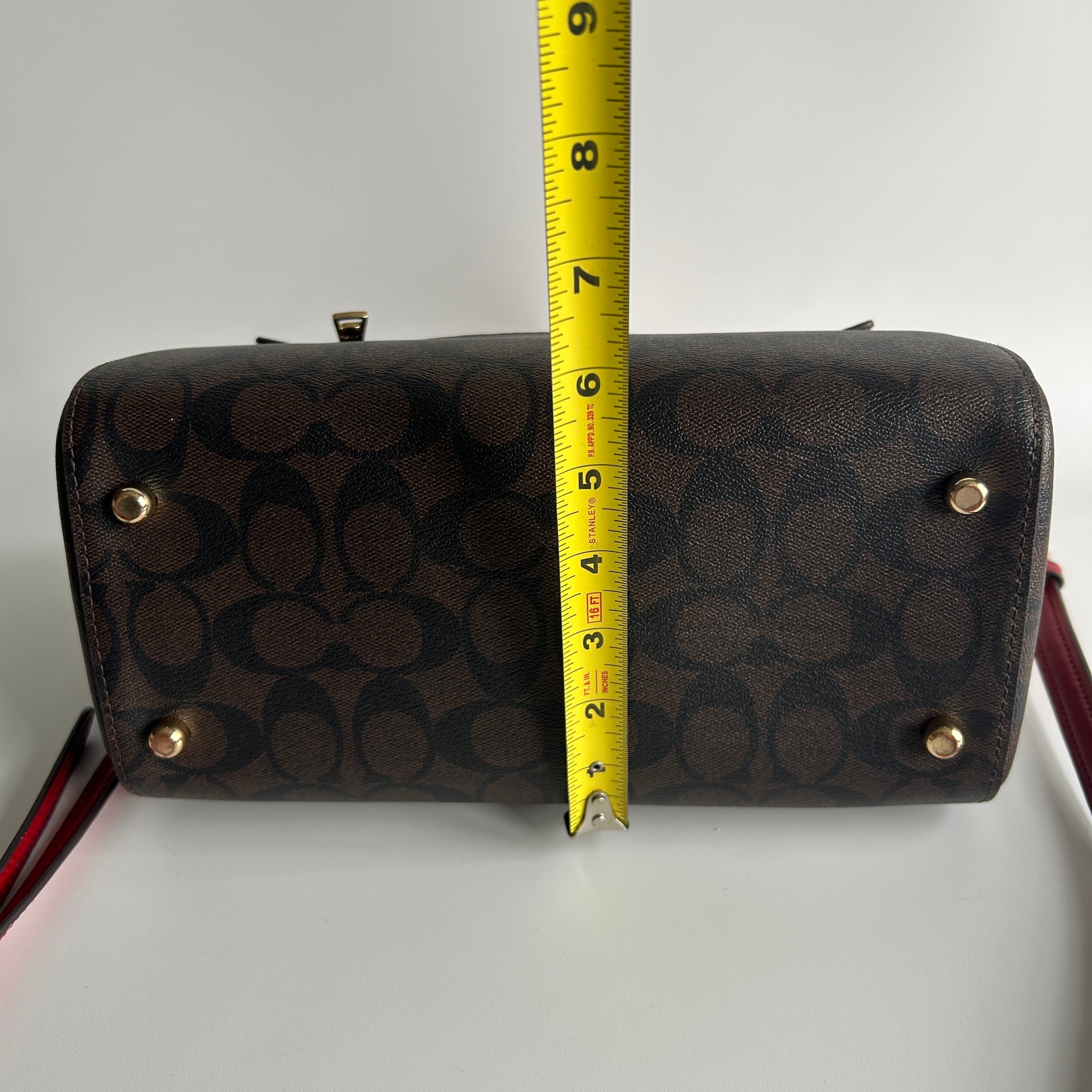Coach Rowan Brown Red Signature Canvas Leather Satchel Excellent
