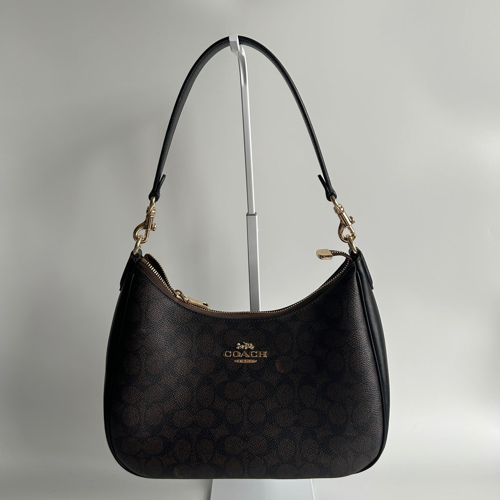 Coach Teri Shoulder Bag Brown Black Signature Canvas C1940 Good