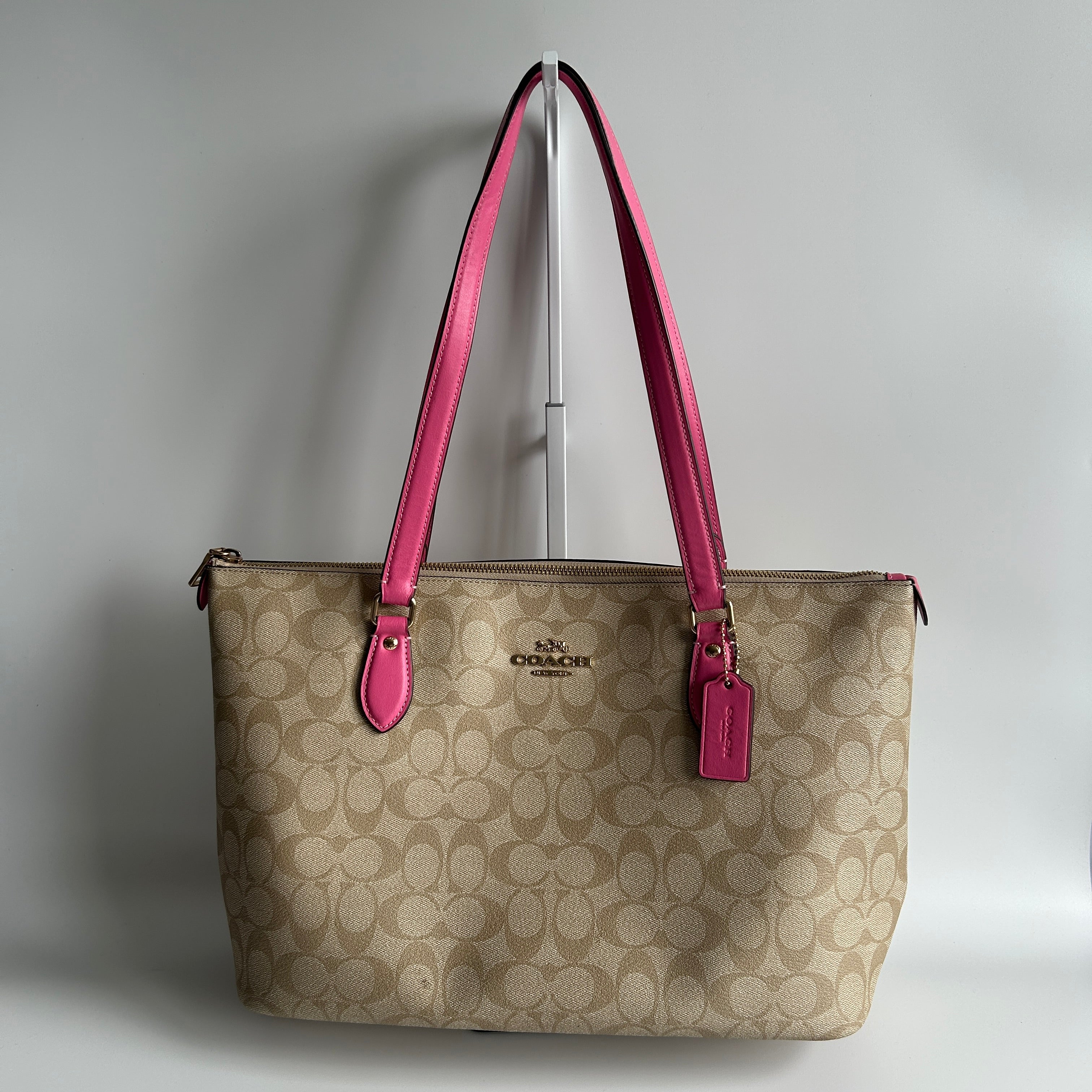 Coach Gallery Tote Khaki Pink Signature Canvas Leather Shoulder Bag Excellent