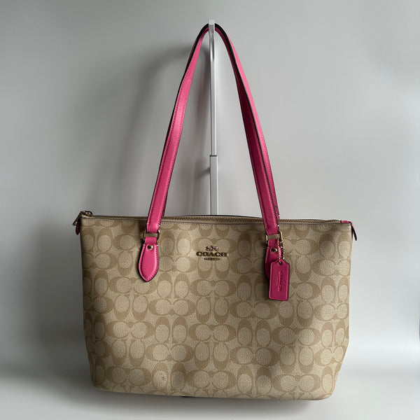 Coach Gallery Tote Khaki Pink Signature Canvas Leather Shoulder Bag Excellent