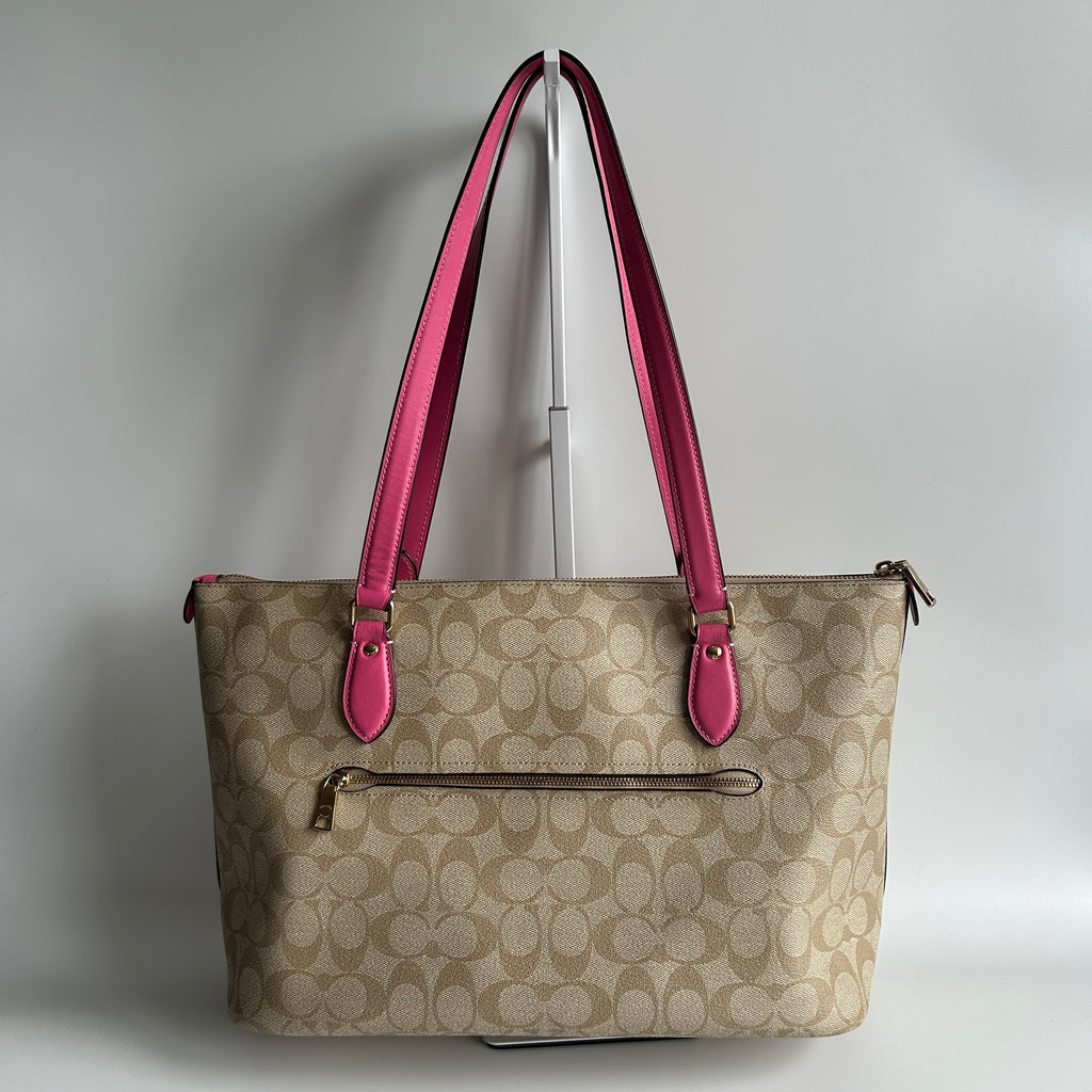 Coach Gallery Tote Khaki Pink Signature Canvas Leather Shoulder Bag Excellent