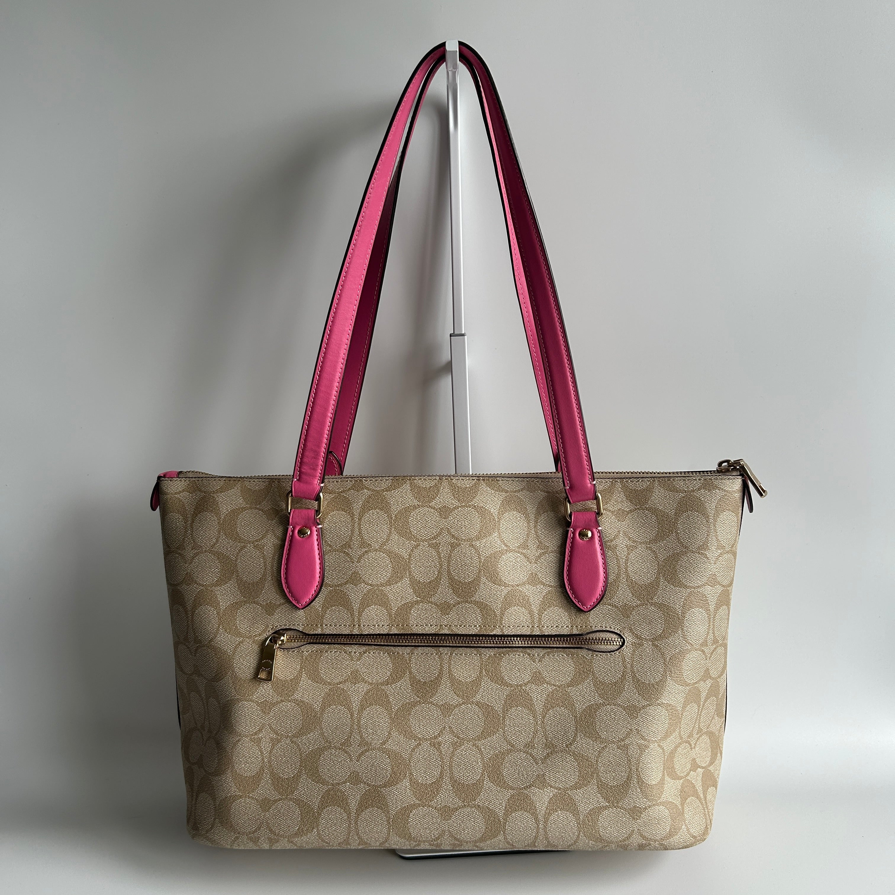 Coach Gallery Tote Khaki Pink Signature Canvas Leather Shoulder Bag Excellent
