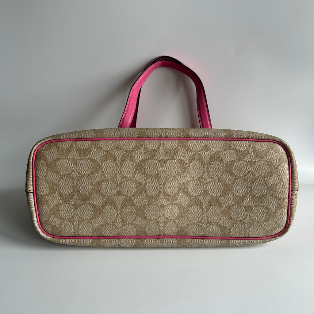 Coach Gallery Tote Khaki Pink Signature Canvas Leather Shoulder Bag Excellent