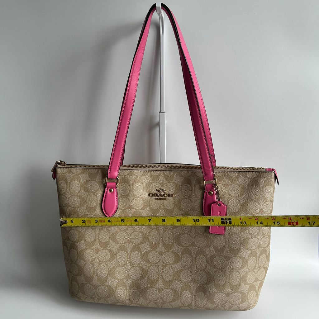 Coach Gallery Tote Khaki Pink Signature Canvas Leather Shoulder Bag Excellent