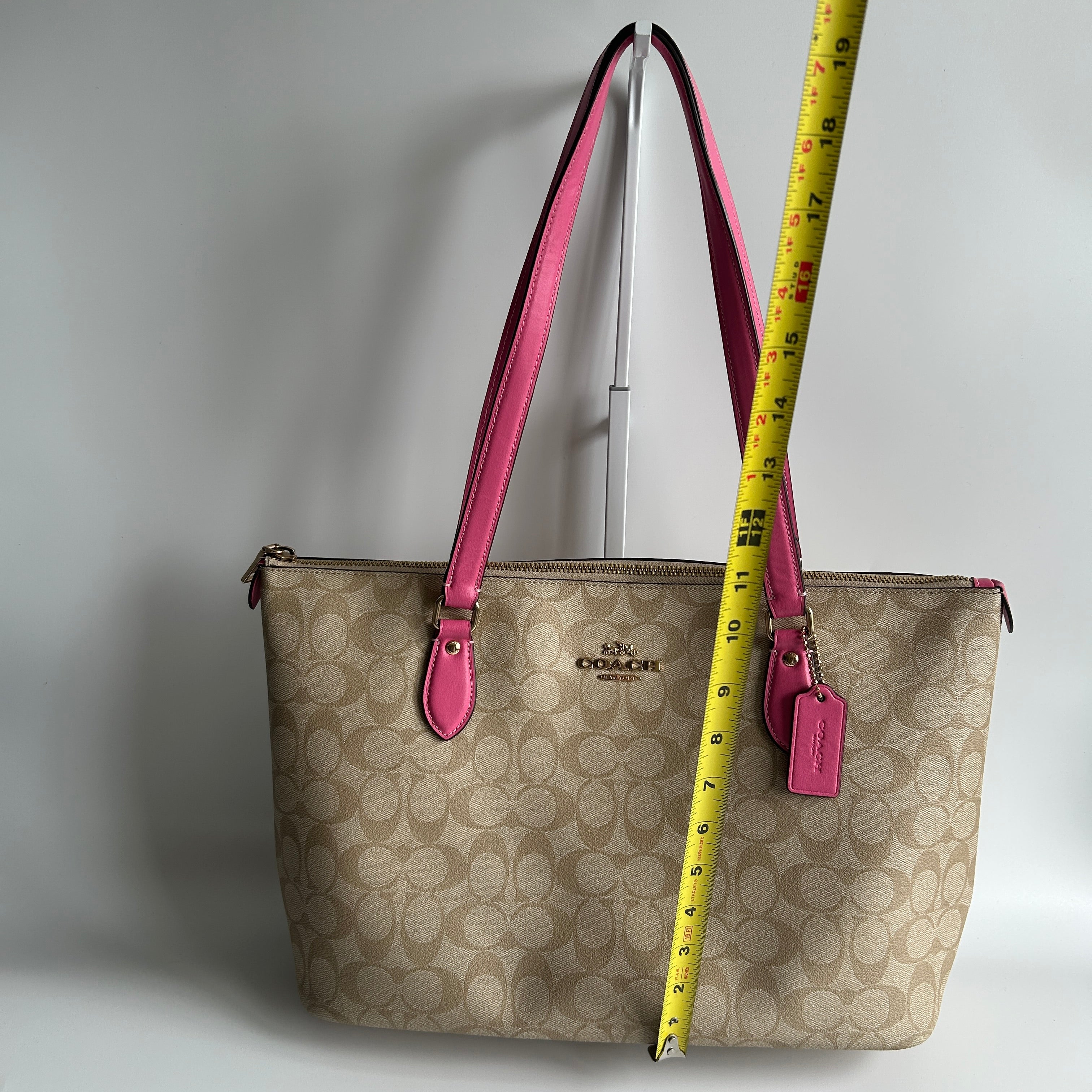 Coach Gallery Tote Khaki Pink Signature Canvas Leather Shoulder Bag Excellent