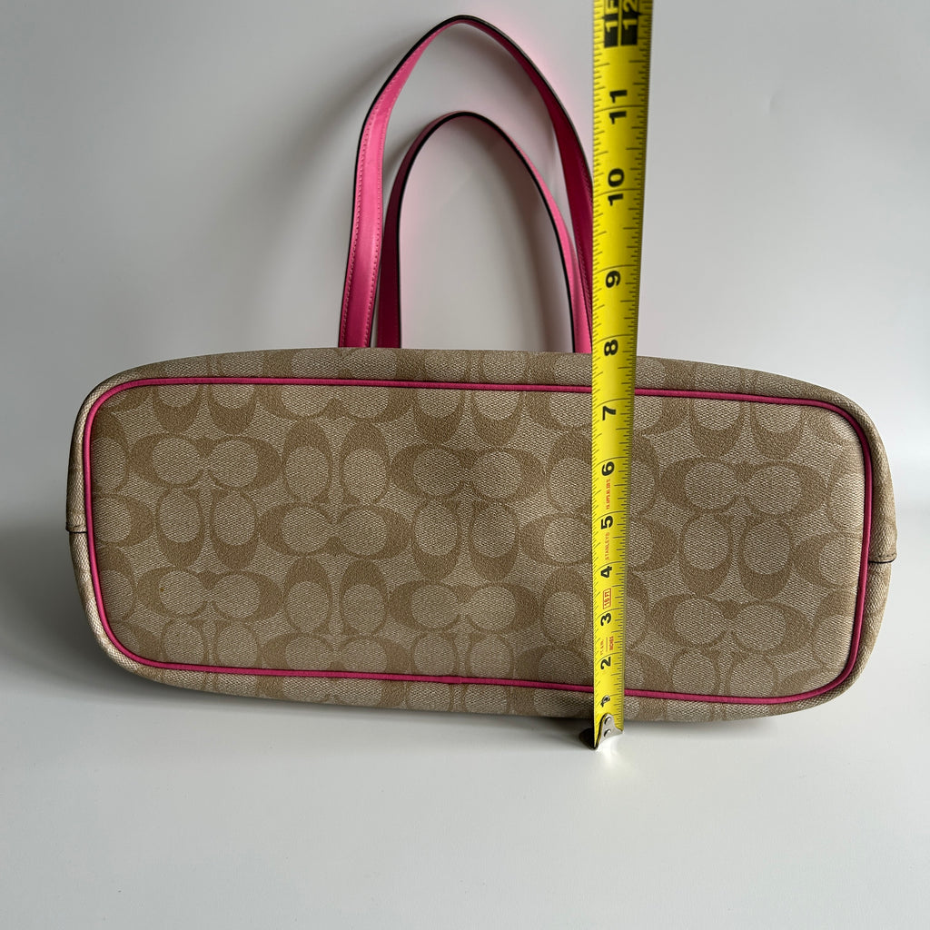 Coach Gallery Tote Khaki Pink Signature Canvas Leather Shoulder Bag Excellent