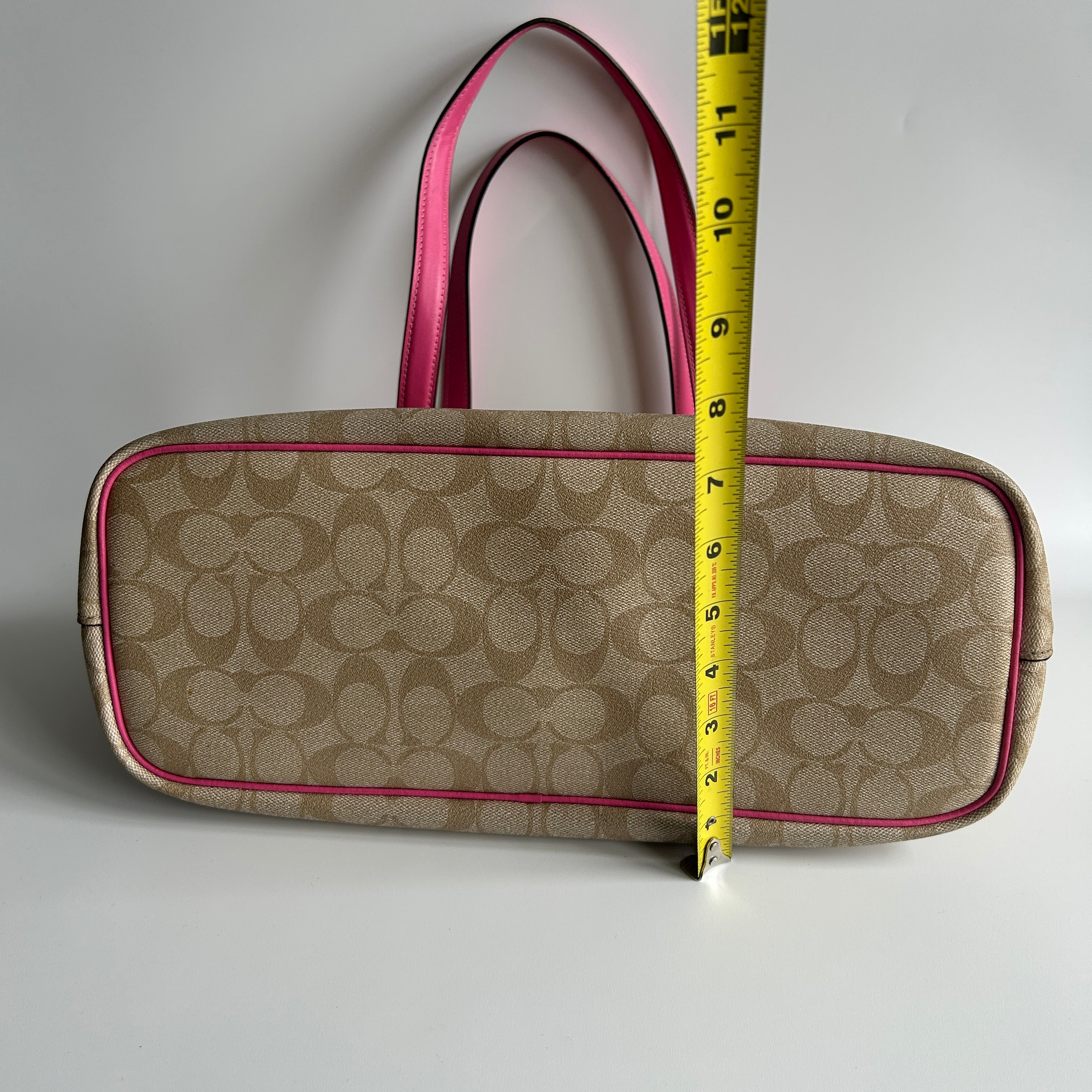 Coach Gallery Tote Khaki Pink Signature Canvas Leather Shoulder Bag Excellent