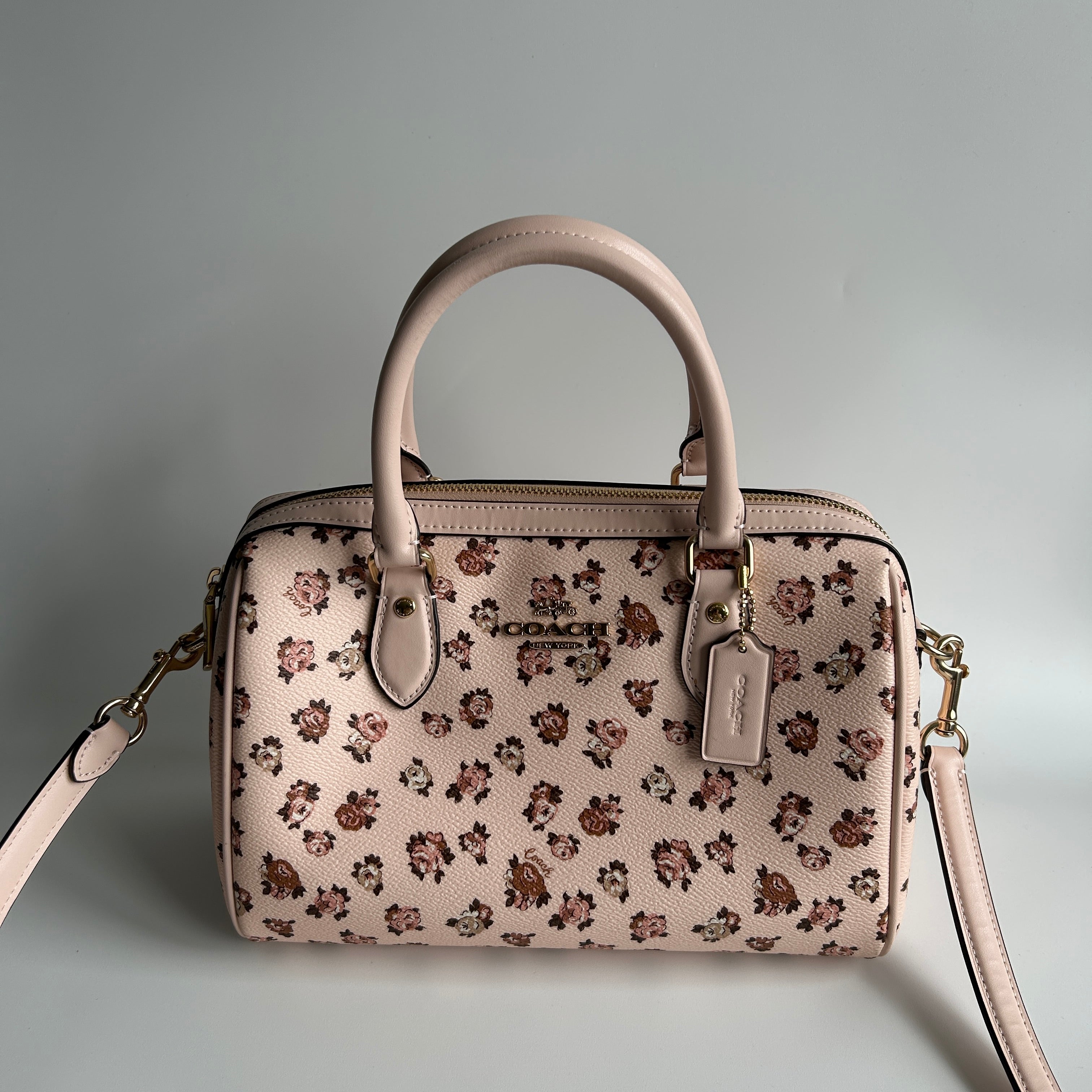 Coach Rowan Satchel Rose Print Pink Leather Satchel Bag GOOD