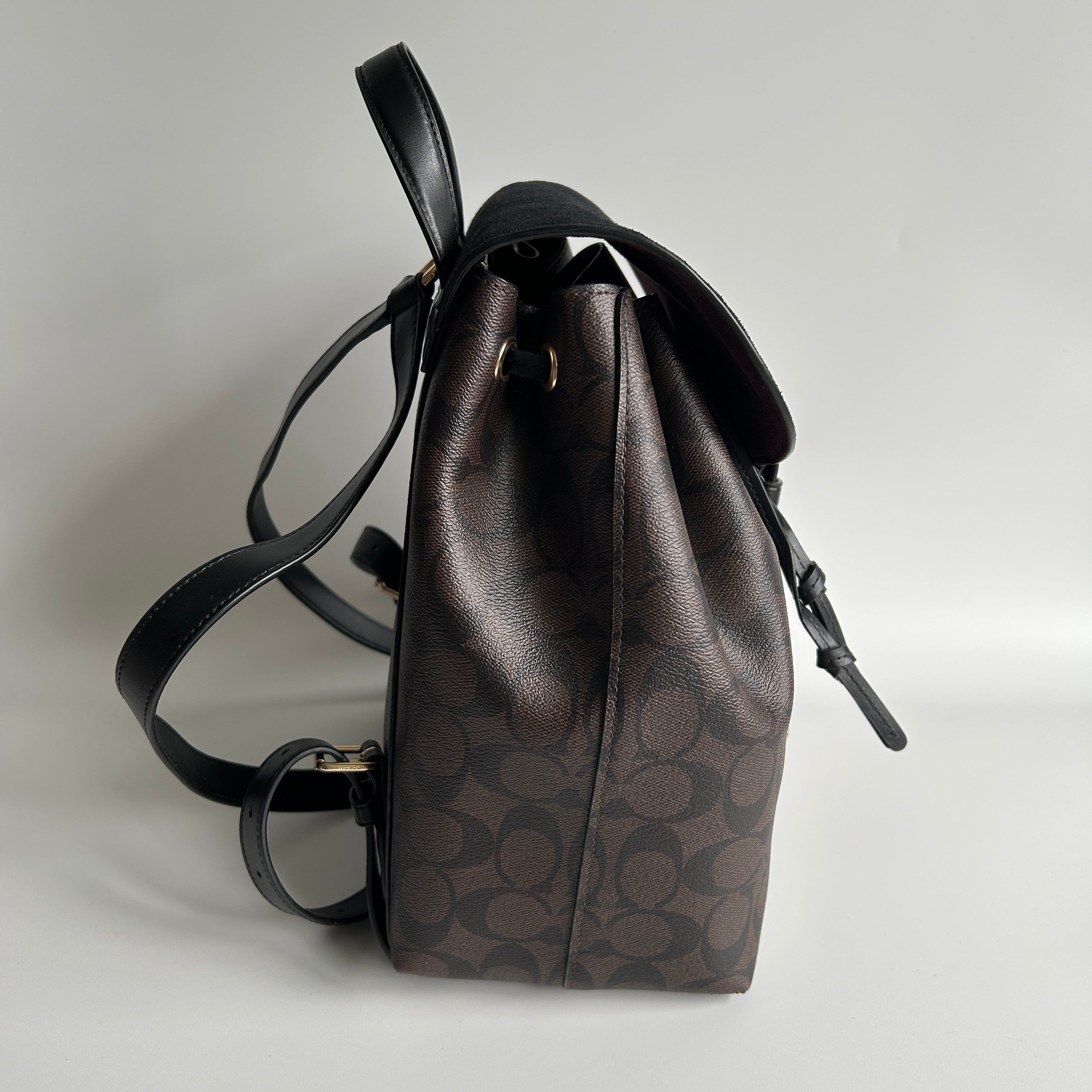 Coach Kleo Backpack Brown Black Signature Canvas Suede C5648 Excellent