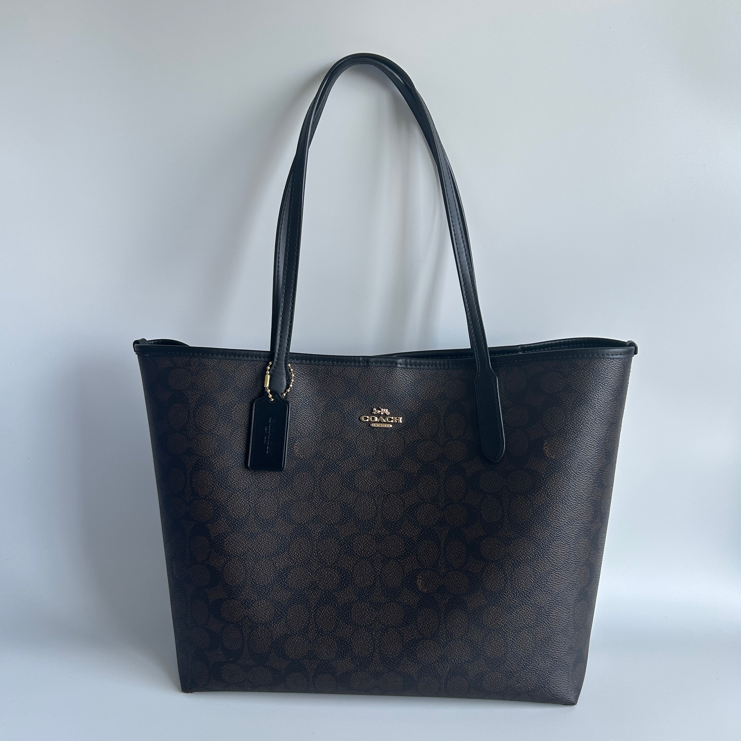 Coach City Tote Brown Signature Canvas Leather Bag 5696 Good