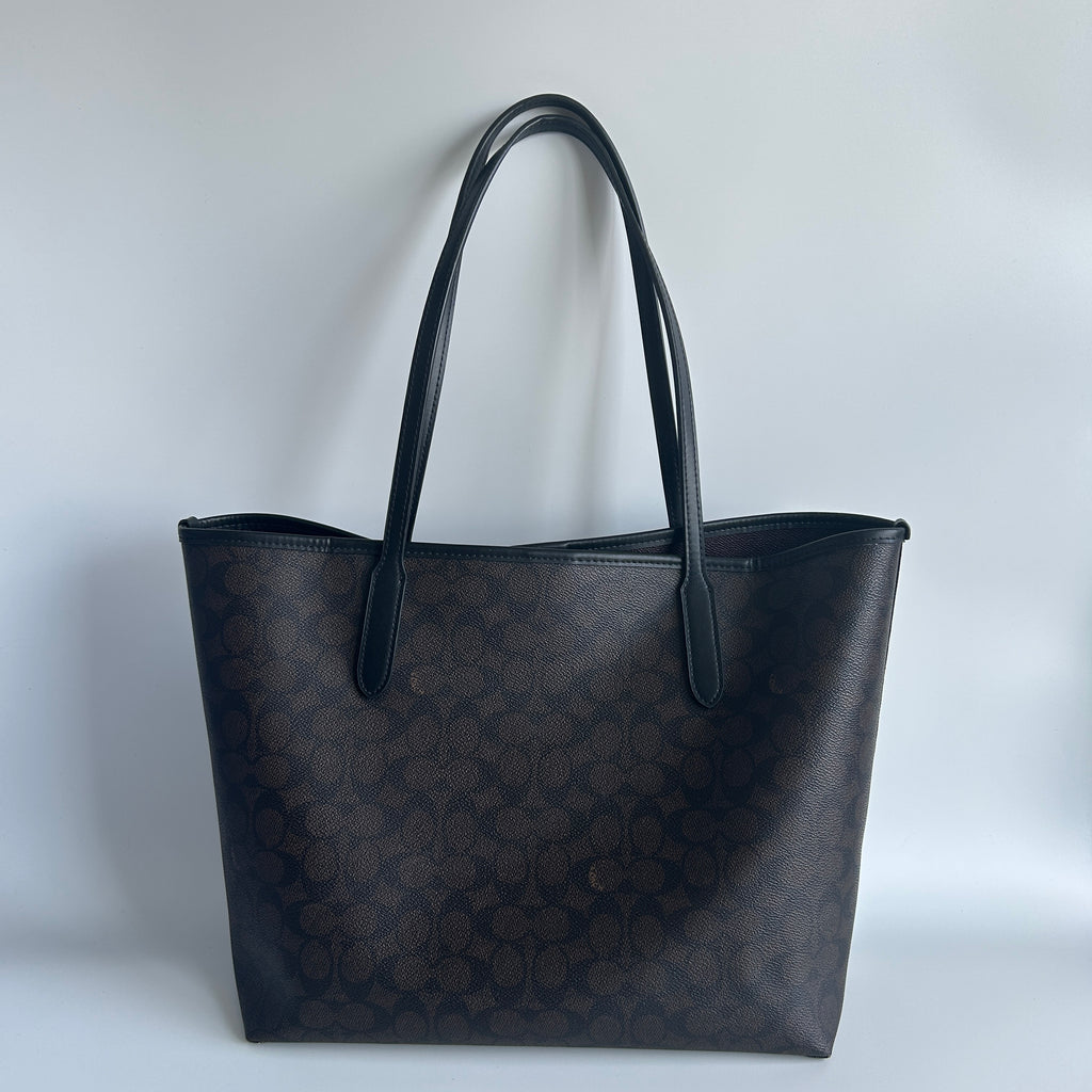 Coach City Tote Brown Signature Canvas Leather Bag 5696 Good