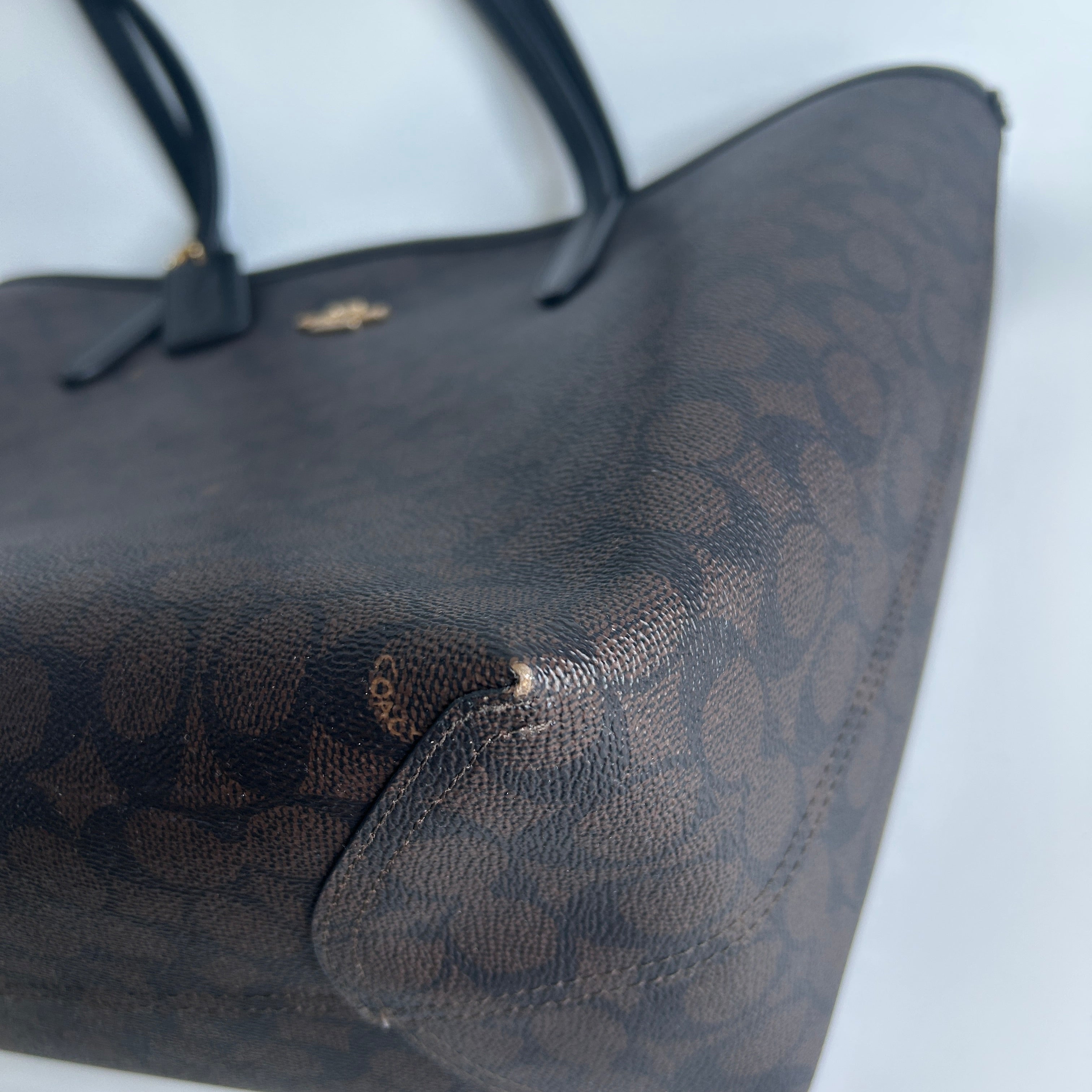 Coach City Tote Brown Signature Canvas Leather Bag 5696 Good