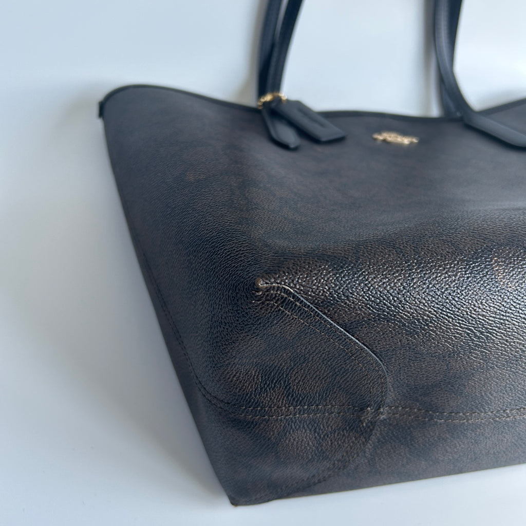 Coach City Tote Brown Signature Canvas Leather Bag 5696 Good