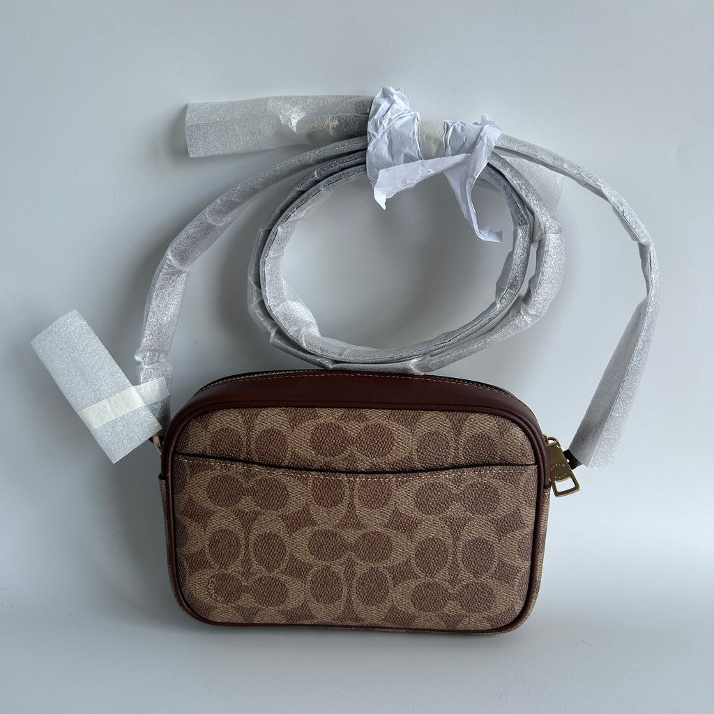 Coach Mini Jamie Tan Brown Signature Canvas Leather Camera Bag NEW