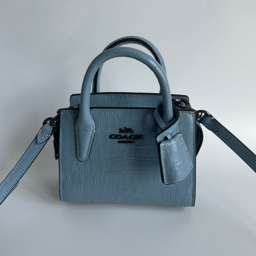 Coach Andrea Mini Carryall Blue Croc Embossed Leather Satchel Excellent