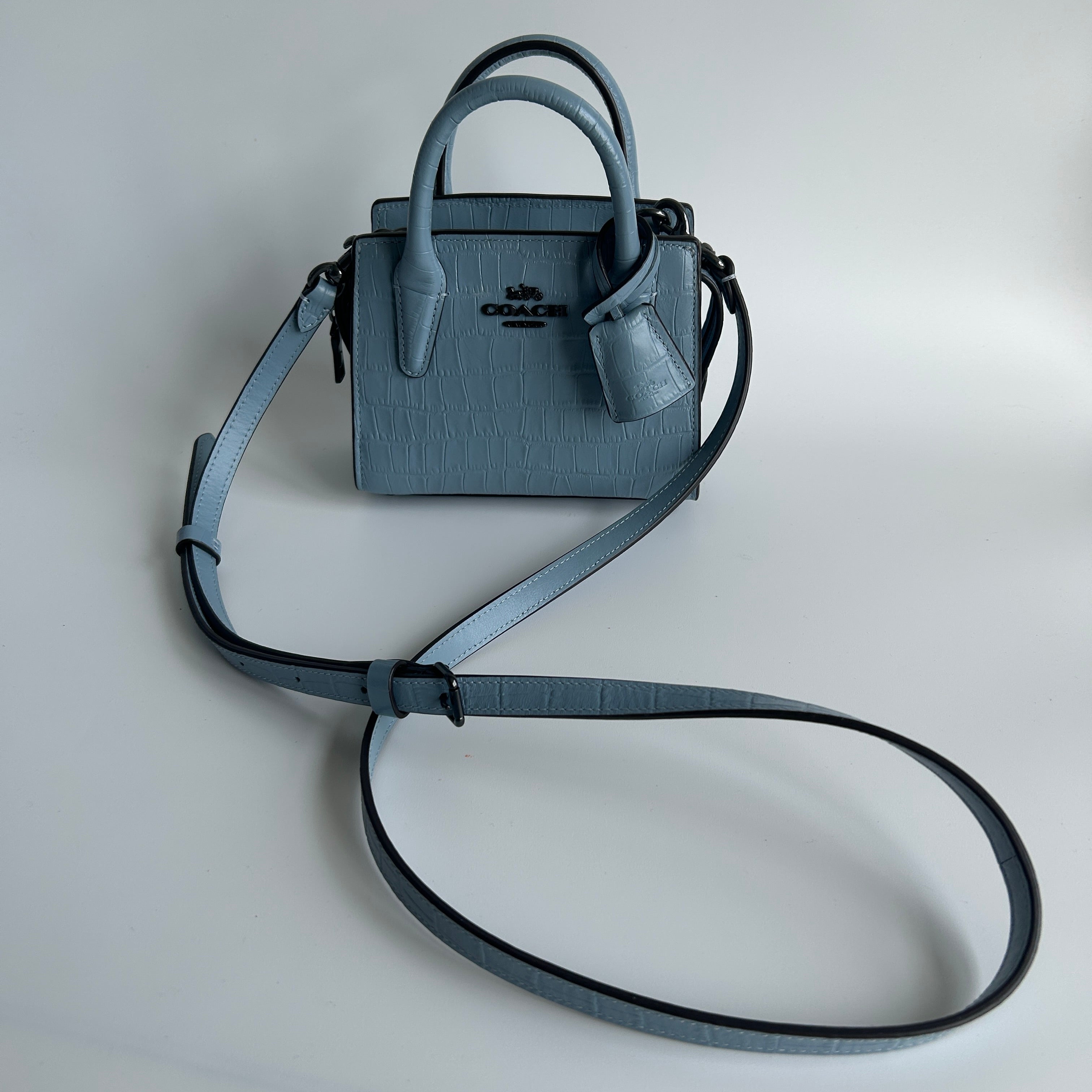 Coach Andrea Mini Carryall Blue Croc Embossed Leather Satchel Excellent