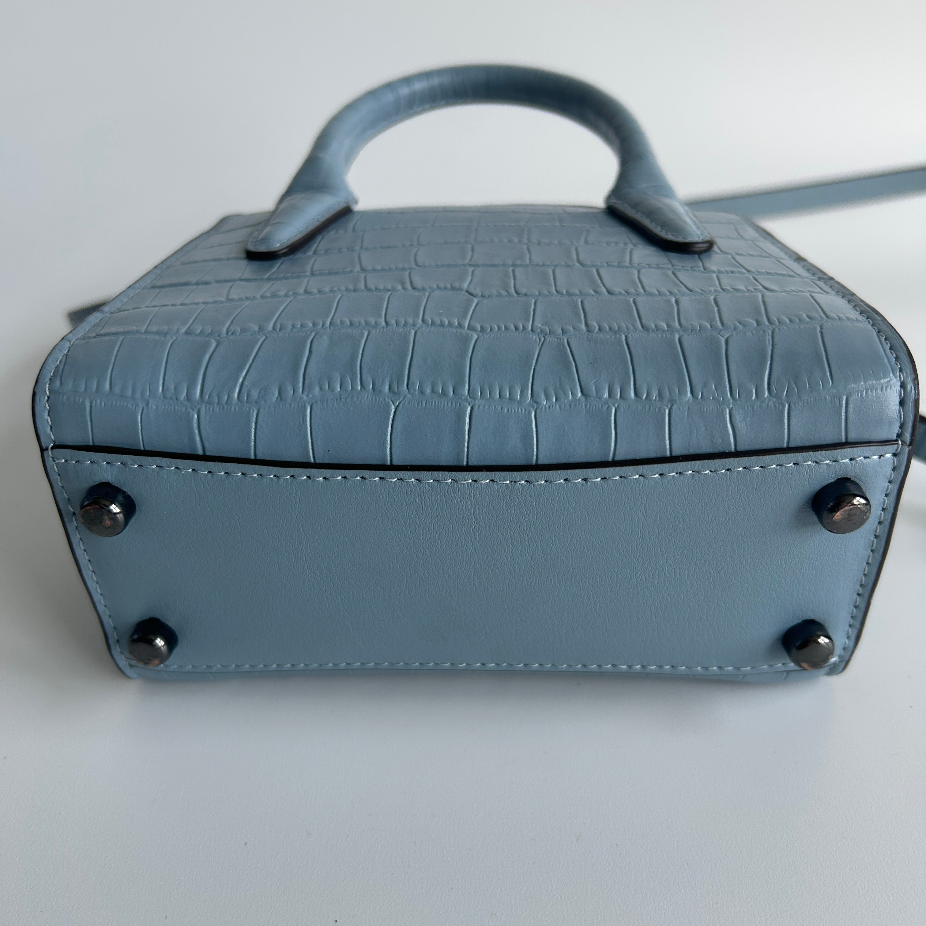 Coach Andrea Mini Carryall Blue Croc Embossed Leather Satchel Excellent