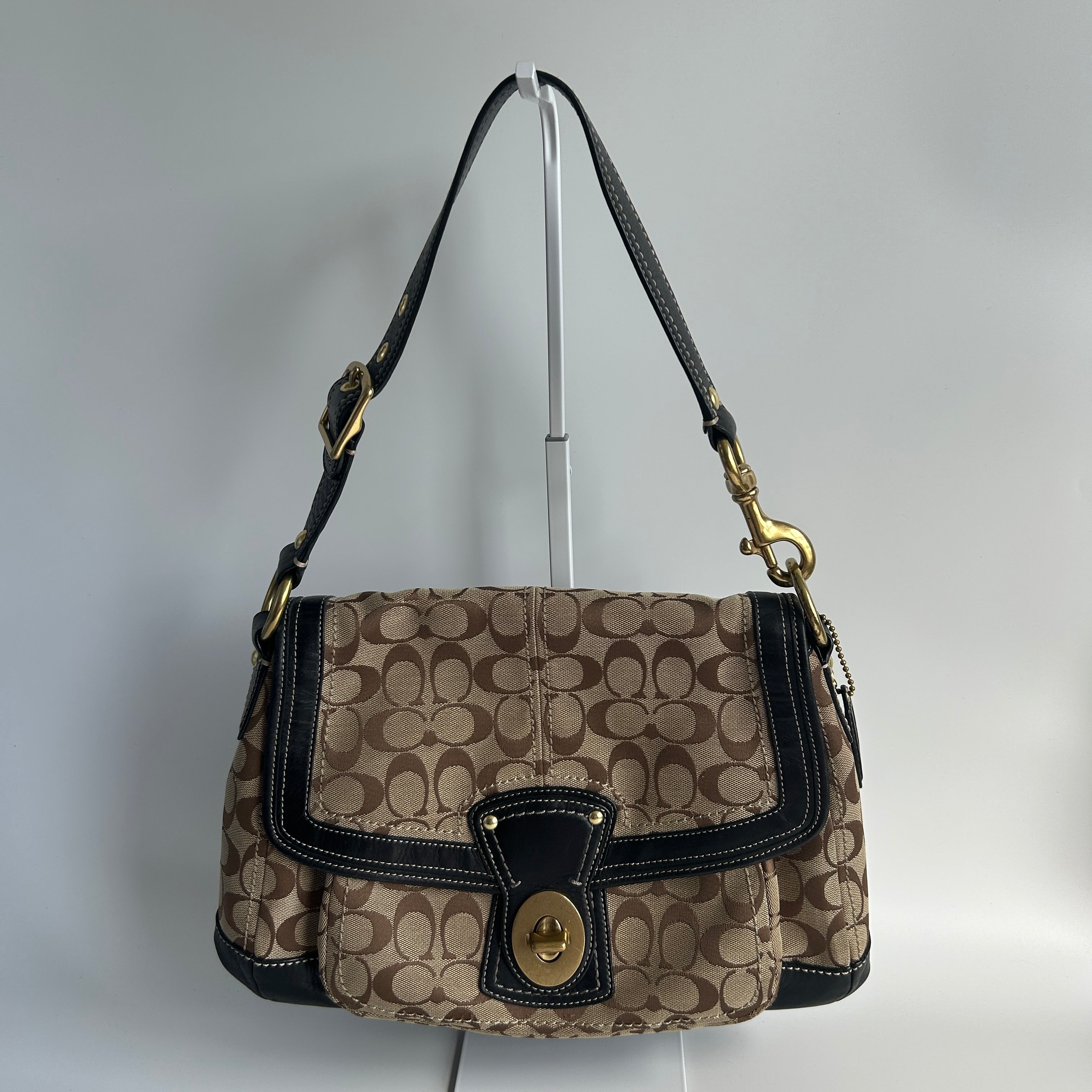 Coach Ali Legacy Brown Black Monogram Canvas Leather Shoulder Bag 10338 Good