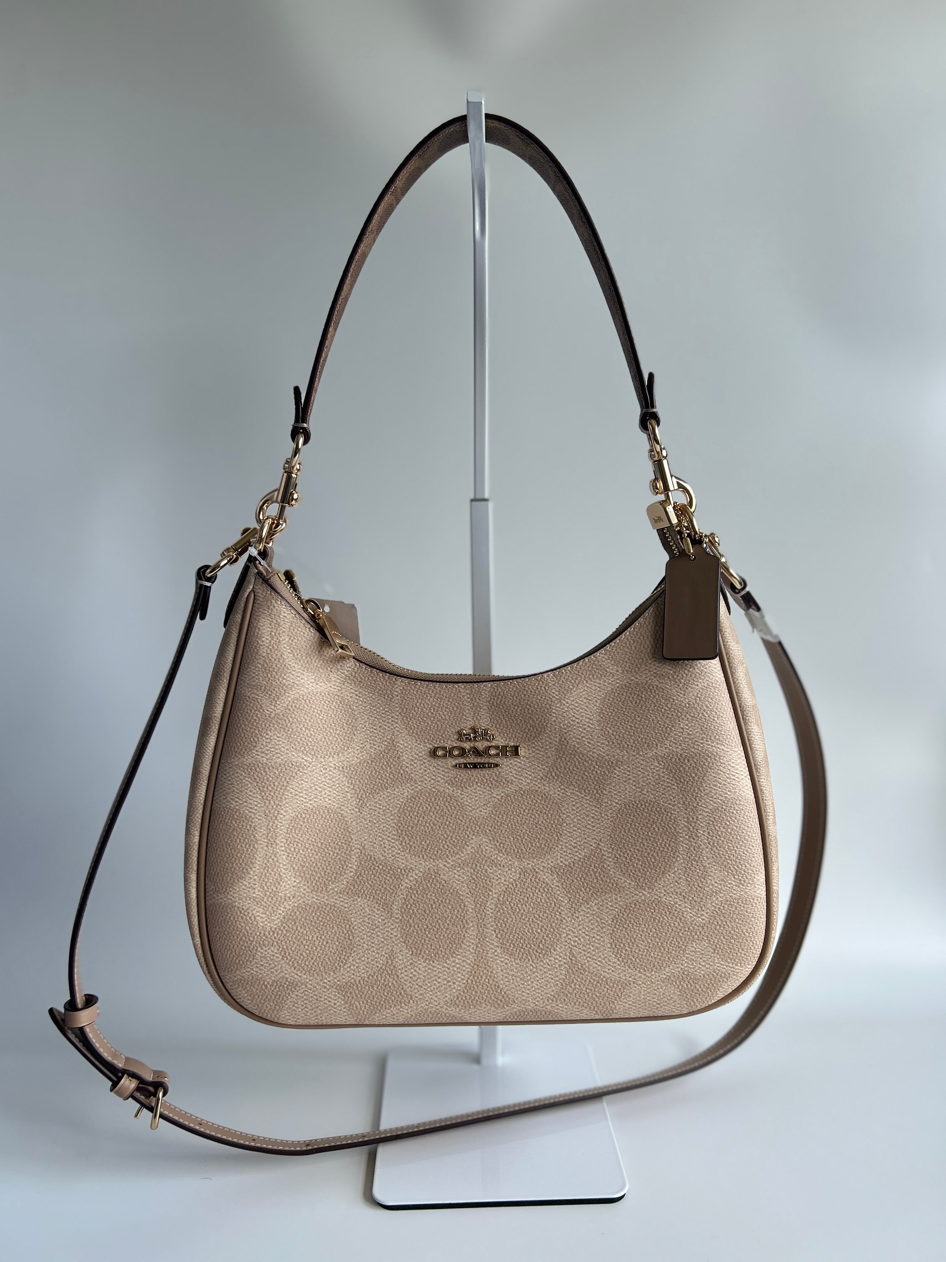 Coach Teri Hobo Beige Chalk Signature Canvas Leather Shoulder Bag NEW