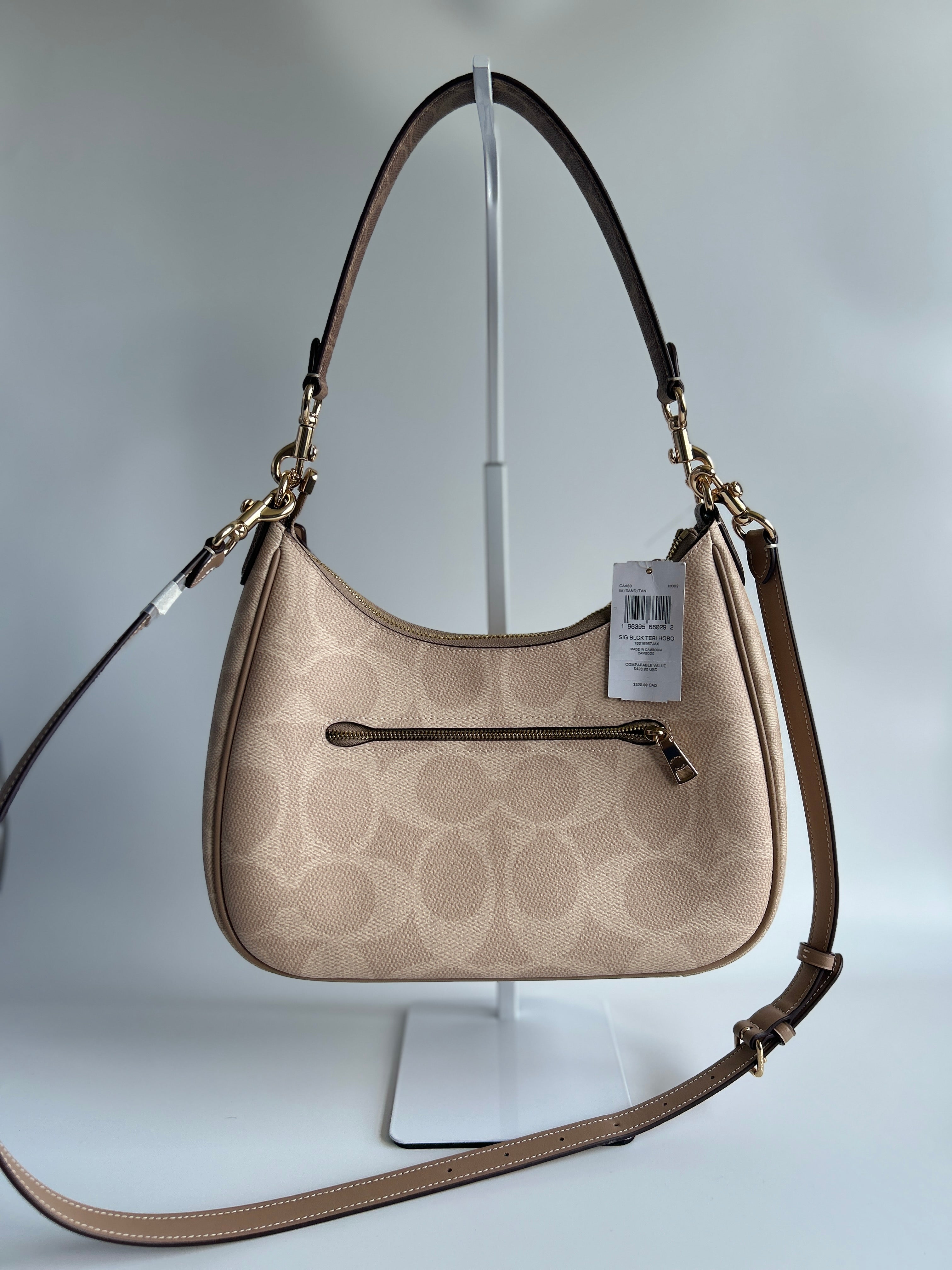 Coach Teri Hobo Beige Chalk Signature Canvas Leather Shoulder Bag NEW
