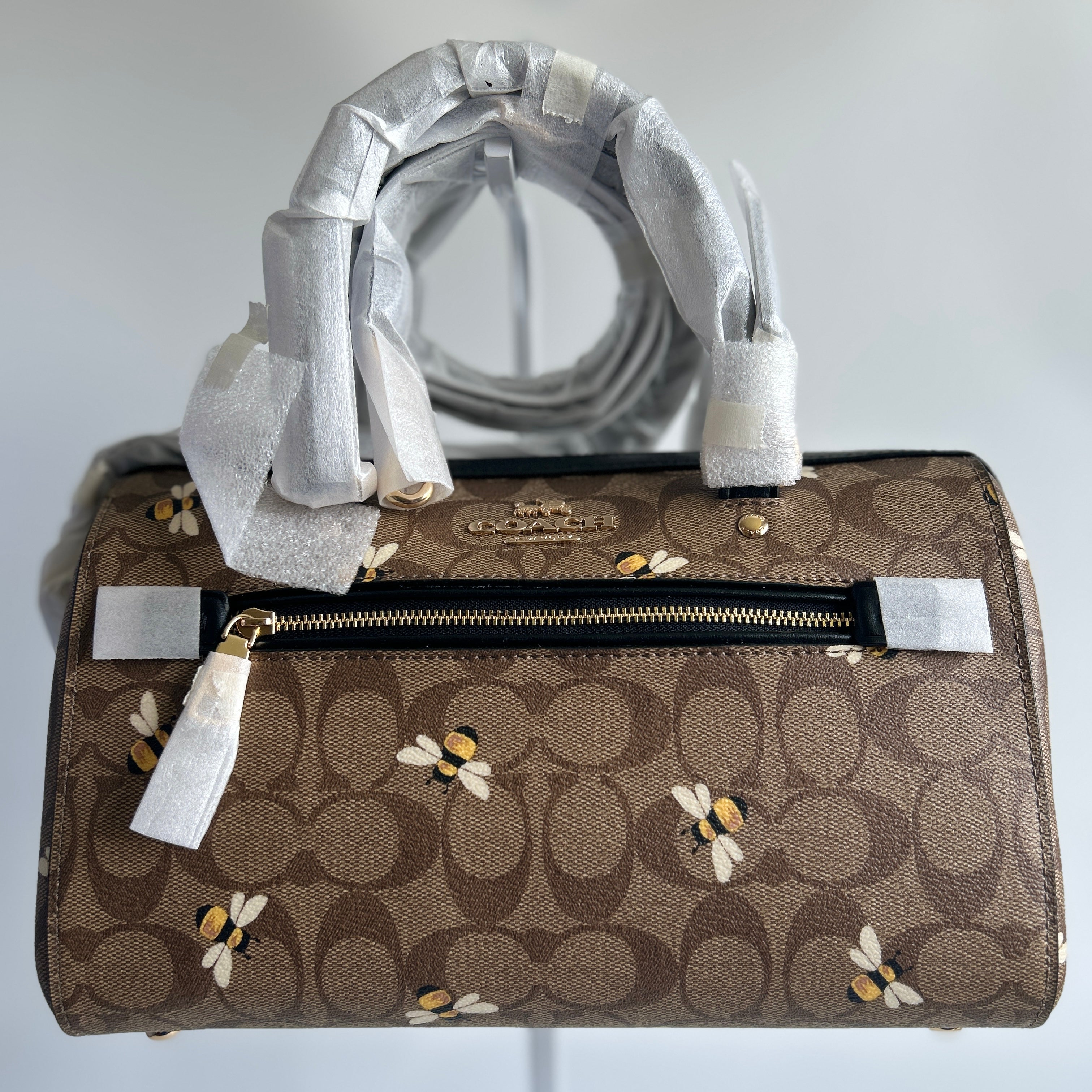 Coach Rowan Satchel Brown Bee Print Signature Canvas Leather Handbag NEW