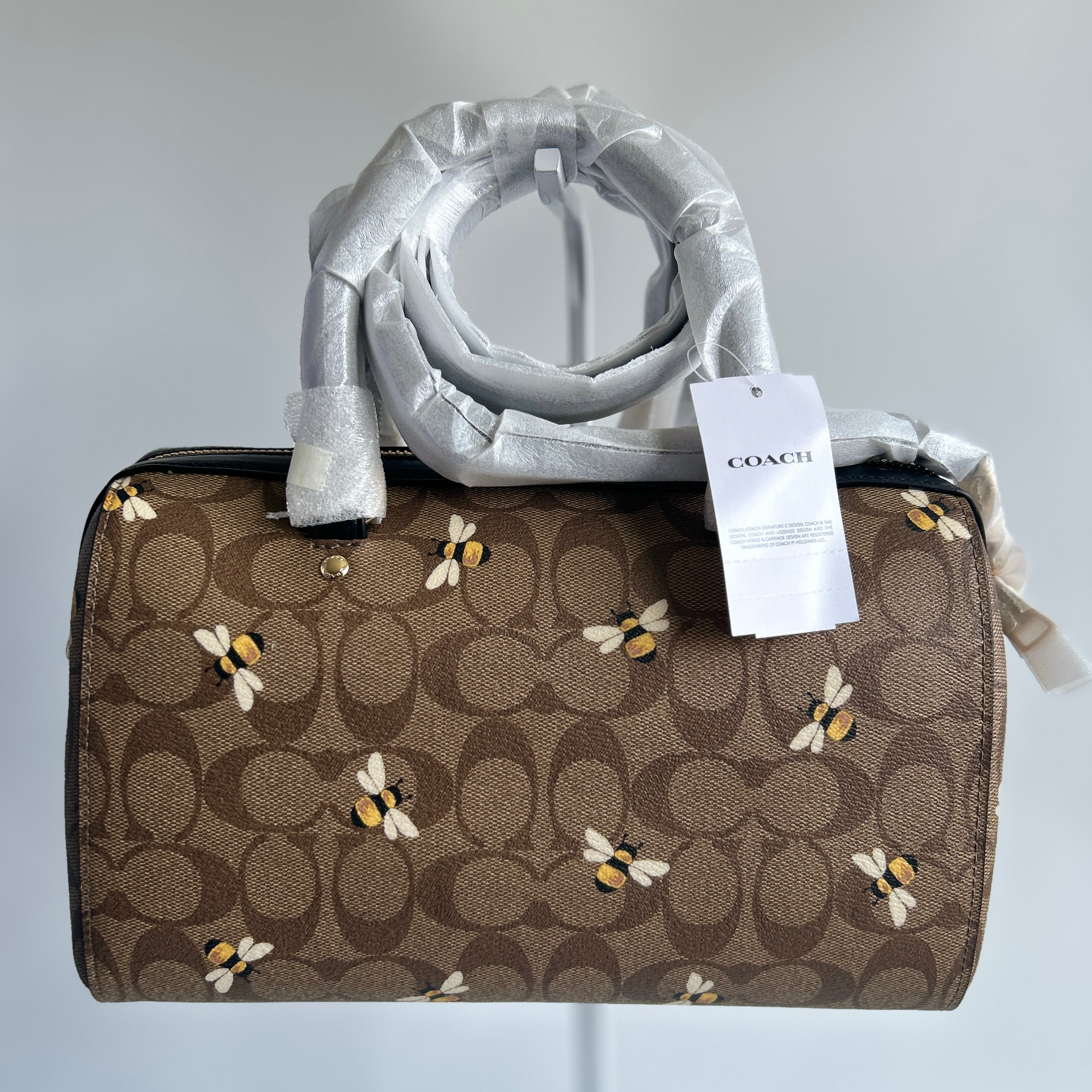 Coach Rowan Satchel Brown Bee Print Signature Canvas Leather Handbag NEW