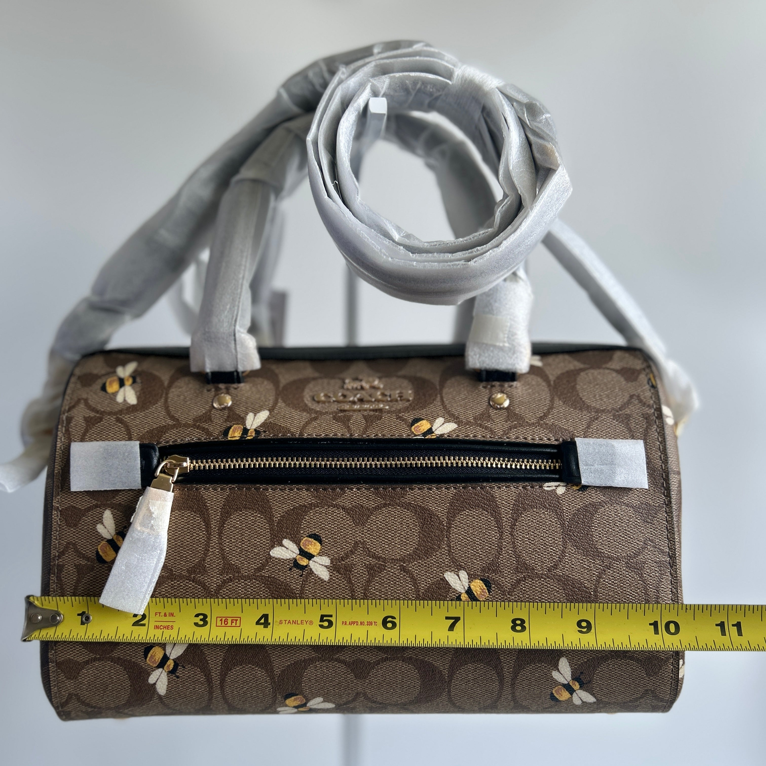 Coach Rowan Satchel Brown Bee Print Signature Canvas Leather Handbag NEW