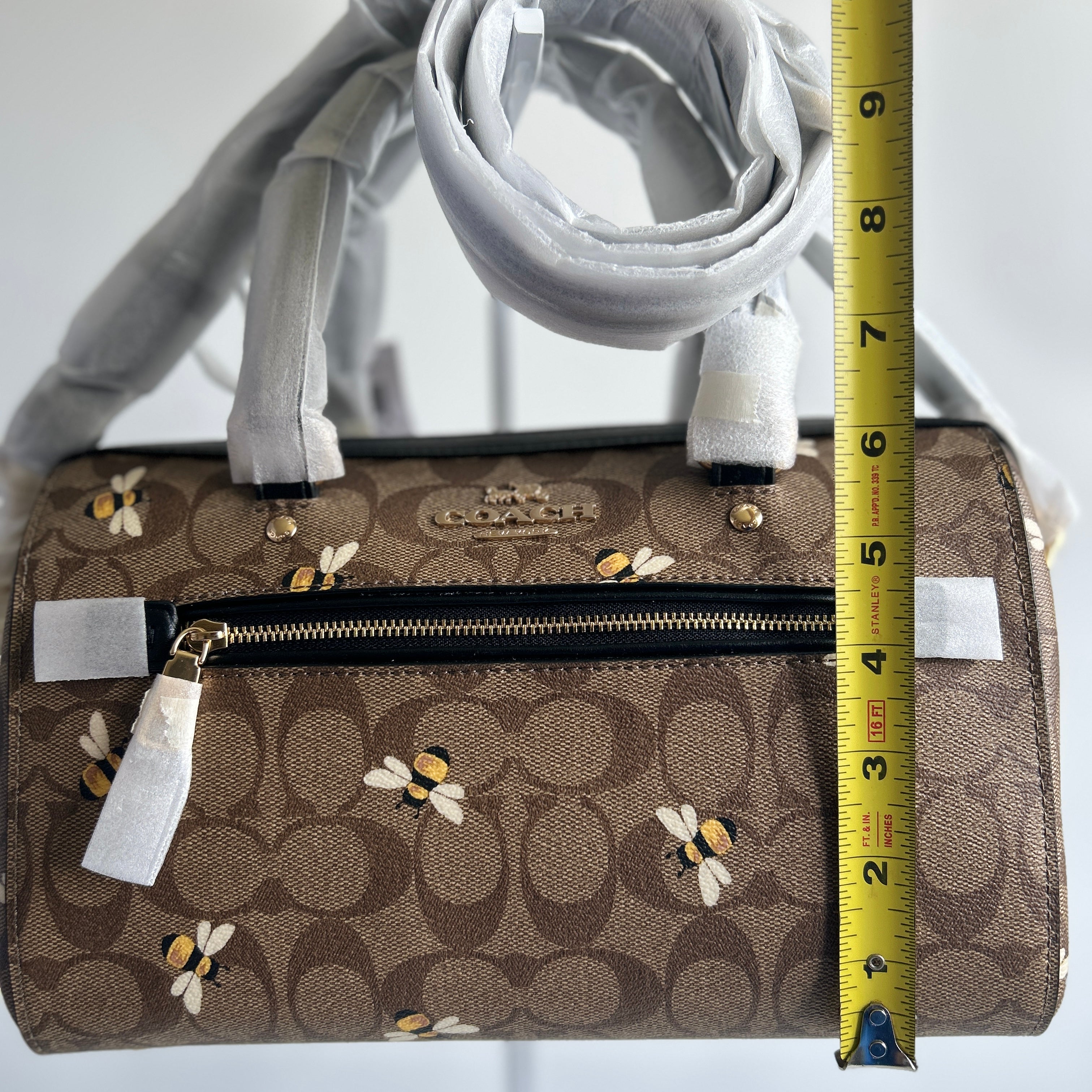 Coach Rowan Satchel Brown Bee Print Signature Canvas Leather Handbag NEW