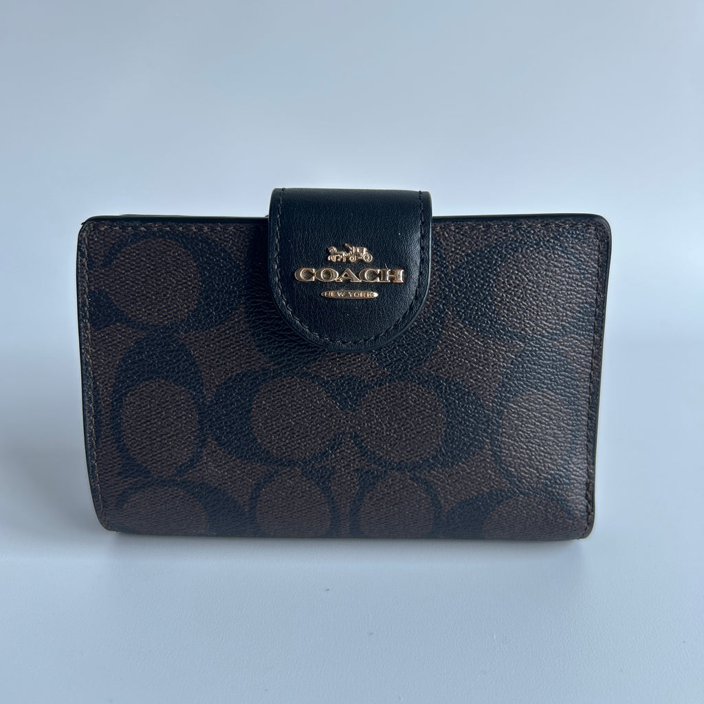 Coach Medium Corner Zip Wallet Brown Black Signature Canvas CW786 Excellent