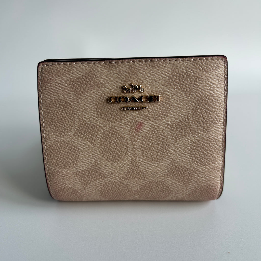 Coach Snap Wallet Sand Chalk Signature Canvas Leather Bifold Good