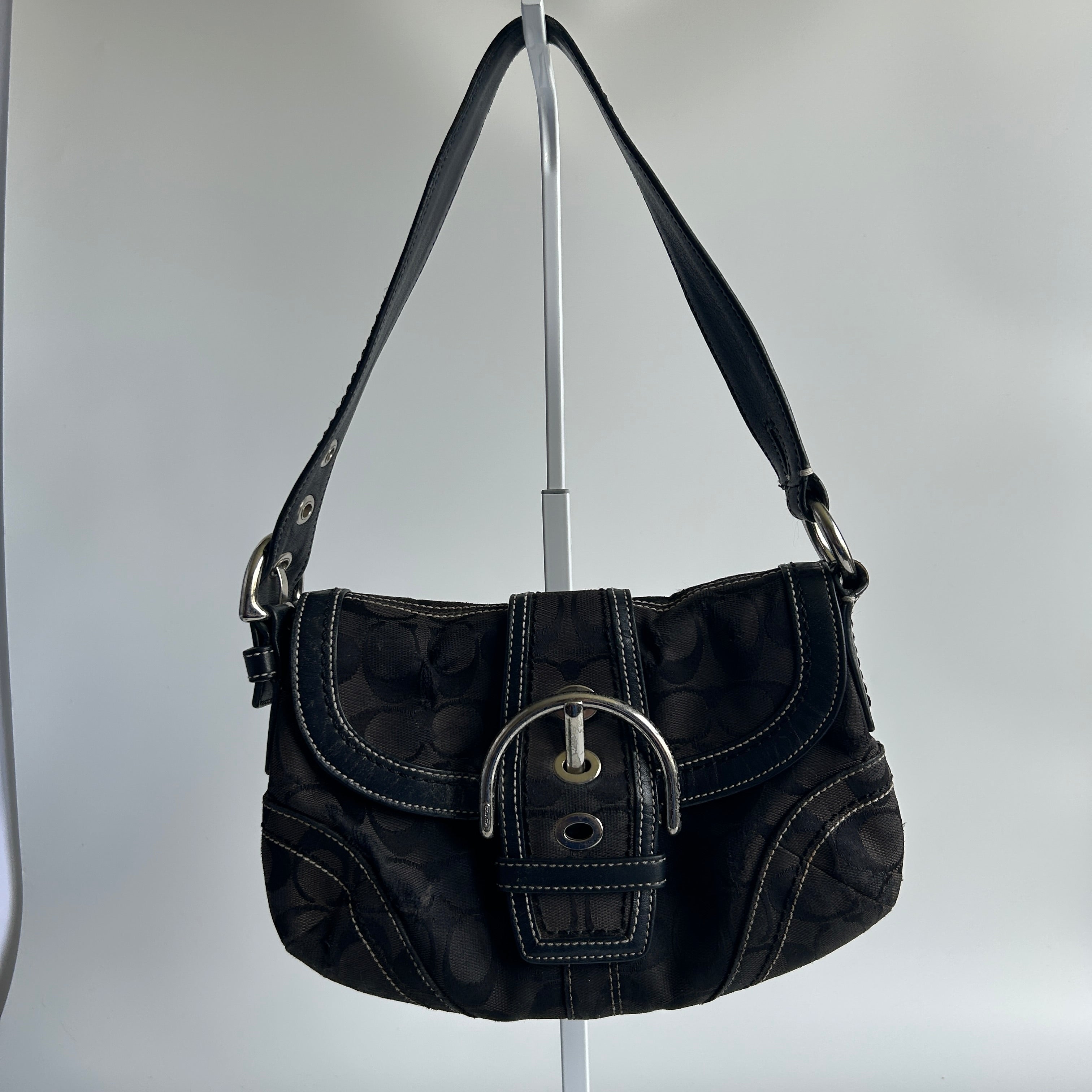 Coach Soho Signature Flap Black Canvas Leather Hobo Bag 10296 Good