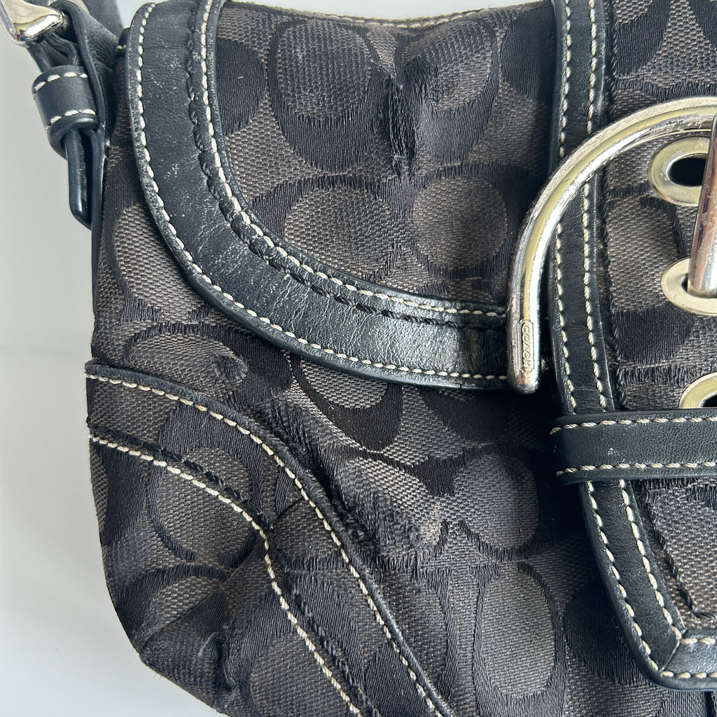 Coach Soho Signature Flap Black Canvas Leather Hobo Bag 10296 Good