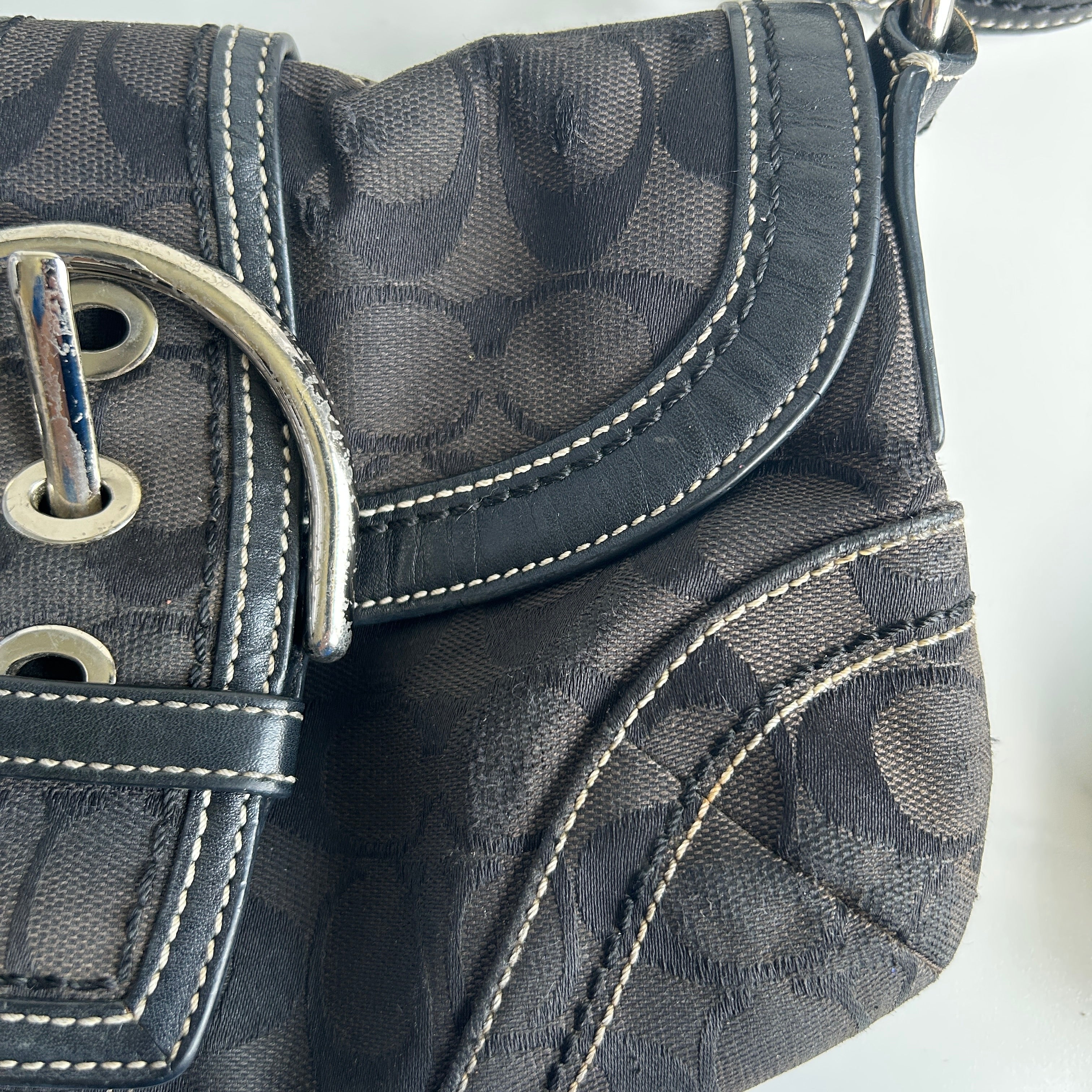 Coach Soho Signature Flap Black Canvas Leather Hobo Bag 10296 Good
