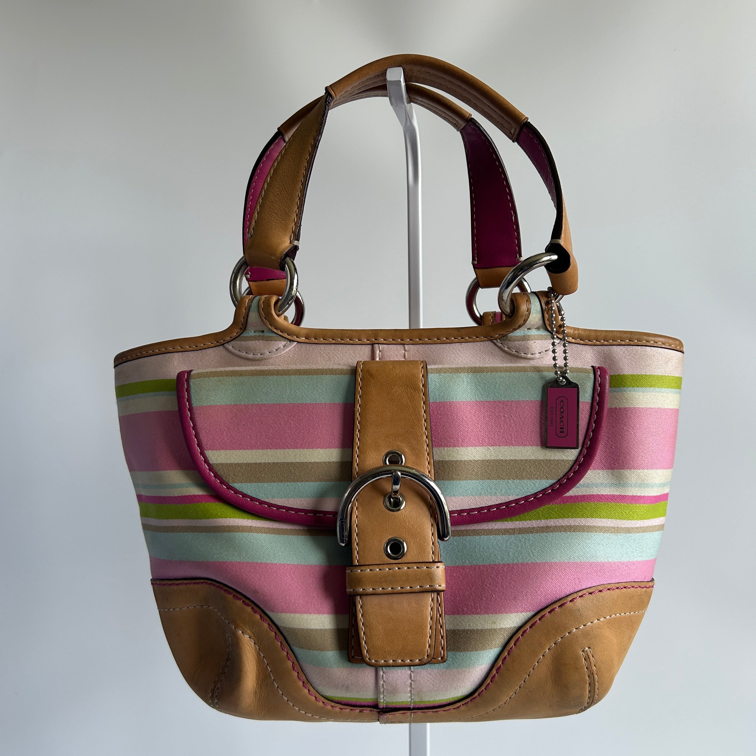 Coach Soho 1889 Pink Multi Twill Leather Striped Tote Bag Good