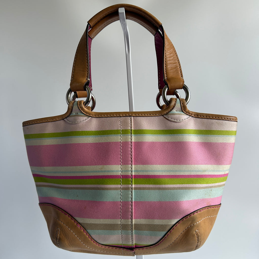 Coach Soho 1889 Pink Multi Twill Leather Striped Tote Bag Good