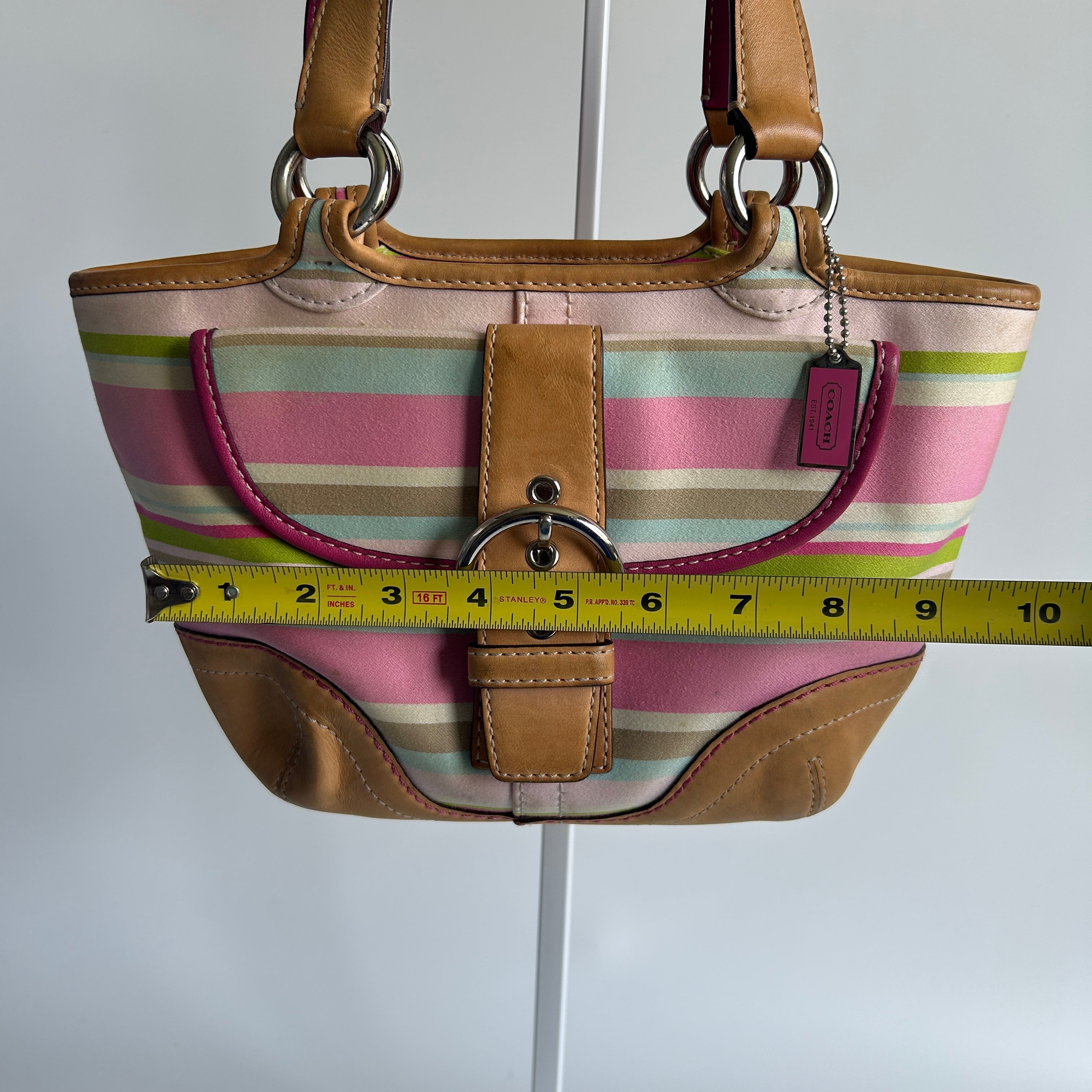 Coach Soho 1889 Pink Multi Twill Leather Striped Tote Bag Good
