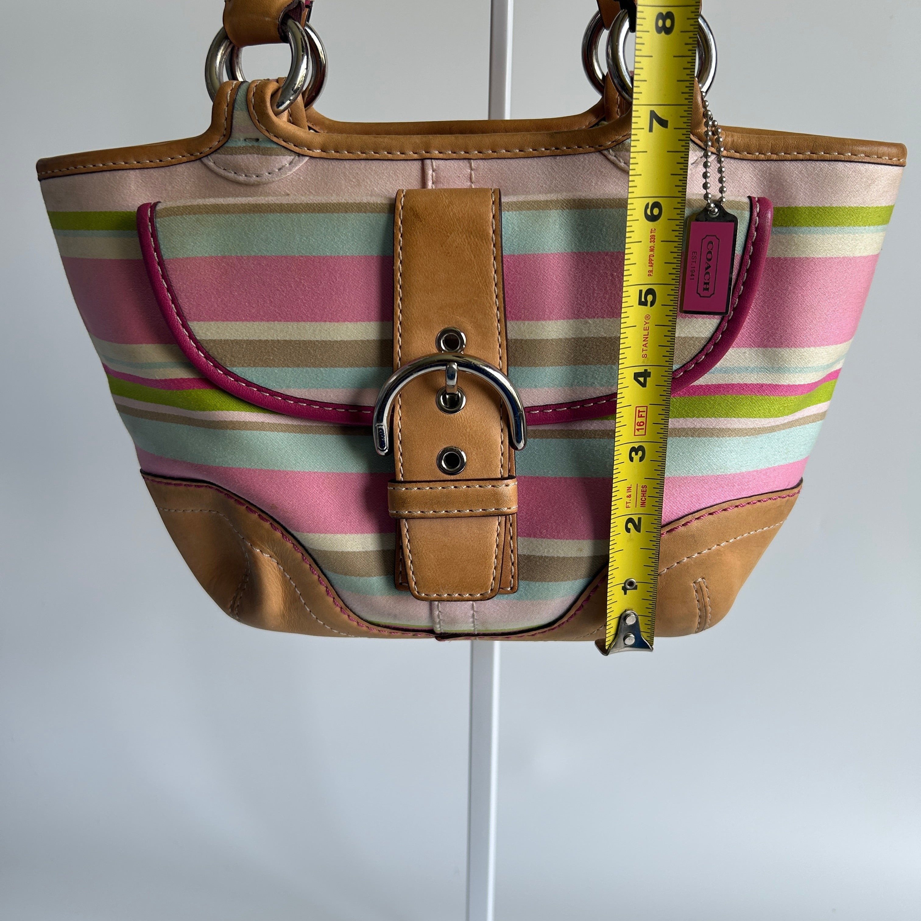 Coach Soho 1889 Pink Multi Twill Leather Striped Tote Bag Good