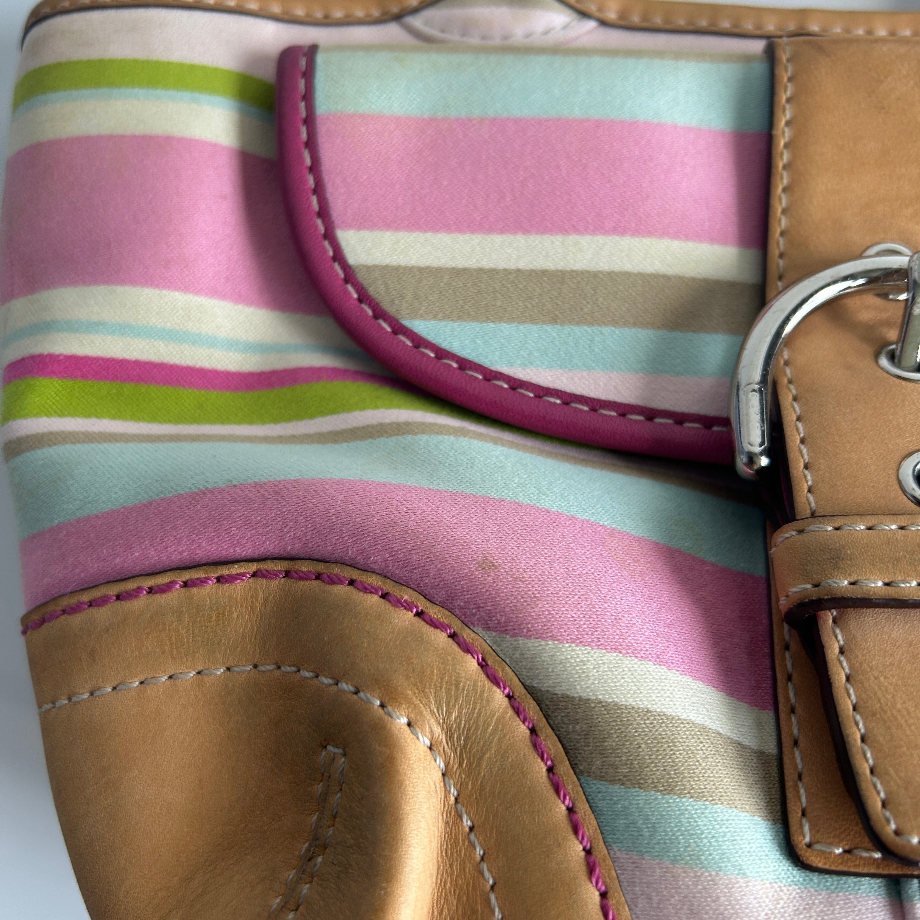 Coach Soho 1889 Pink Multi Twill Leather Striped Tote Bag Good