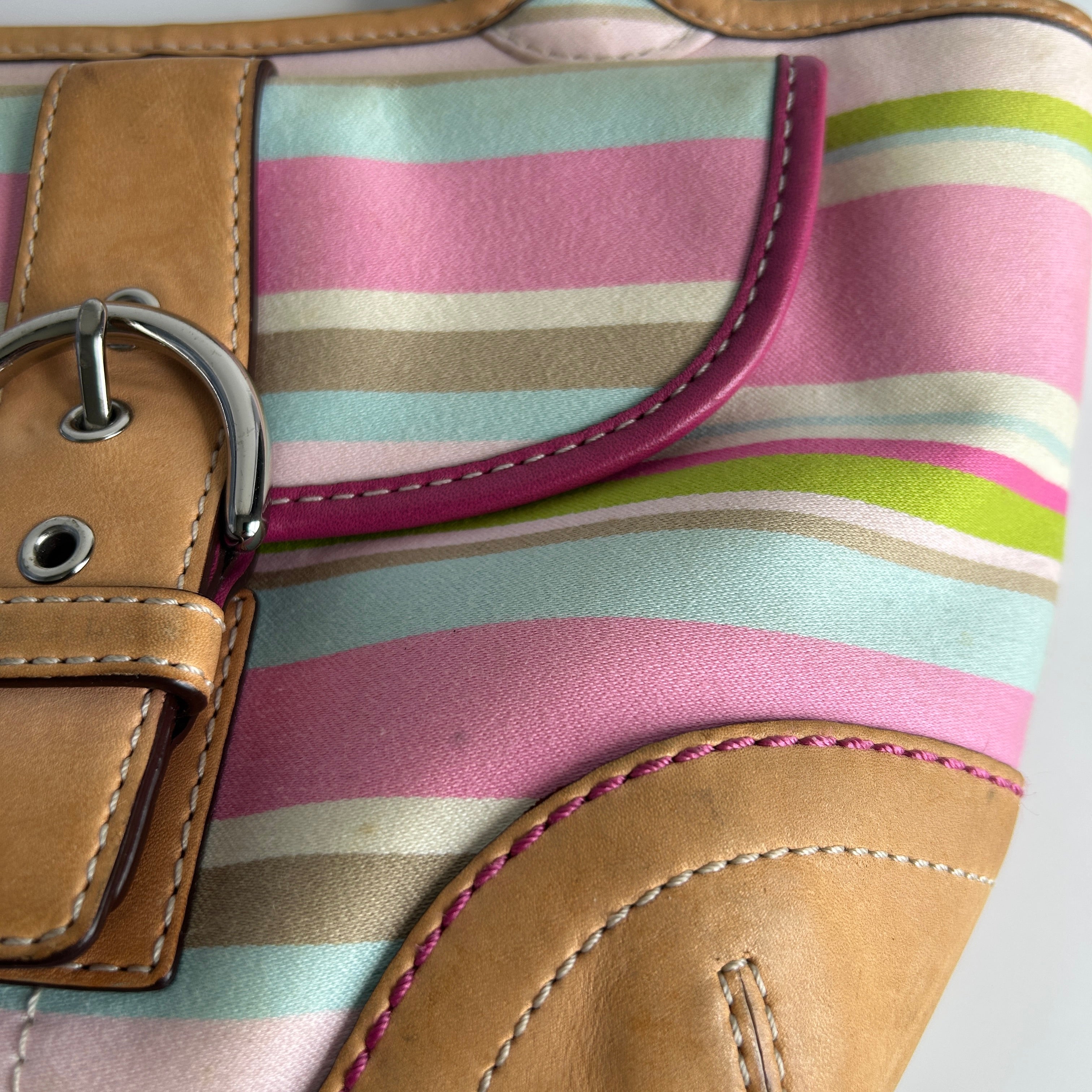 Coach Soho 1889 Pink Multi Twill Leather Striped Tote Bag Good